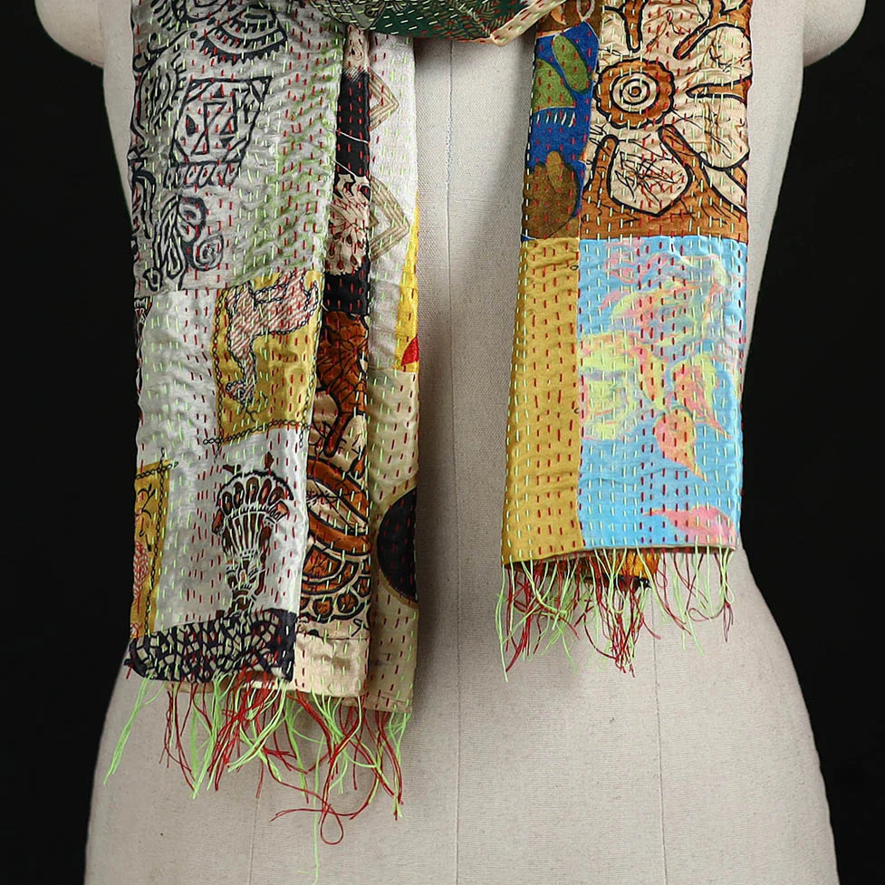 Bengal Kantha Handwork Patchwork Reversible Silk Stole 04 - Image 2