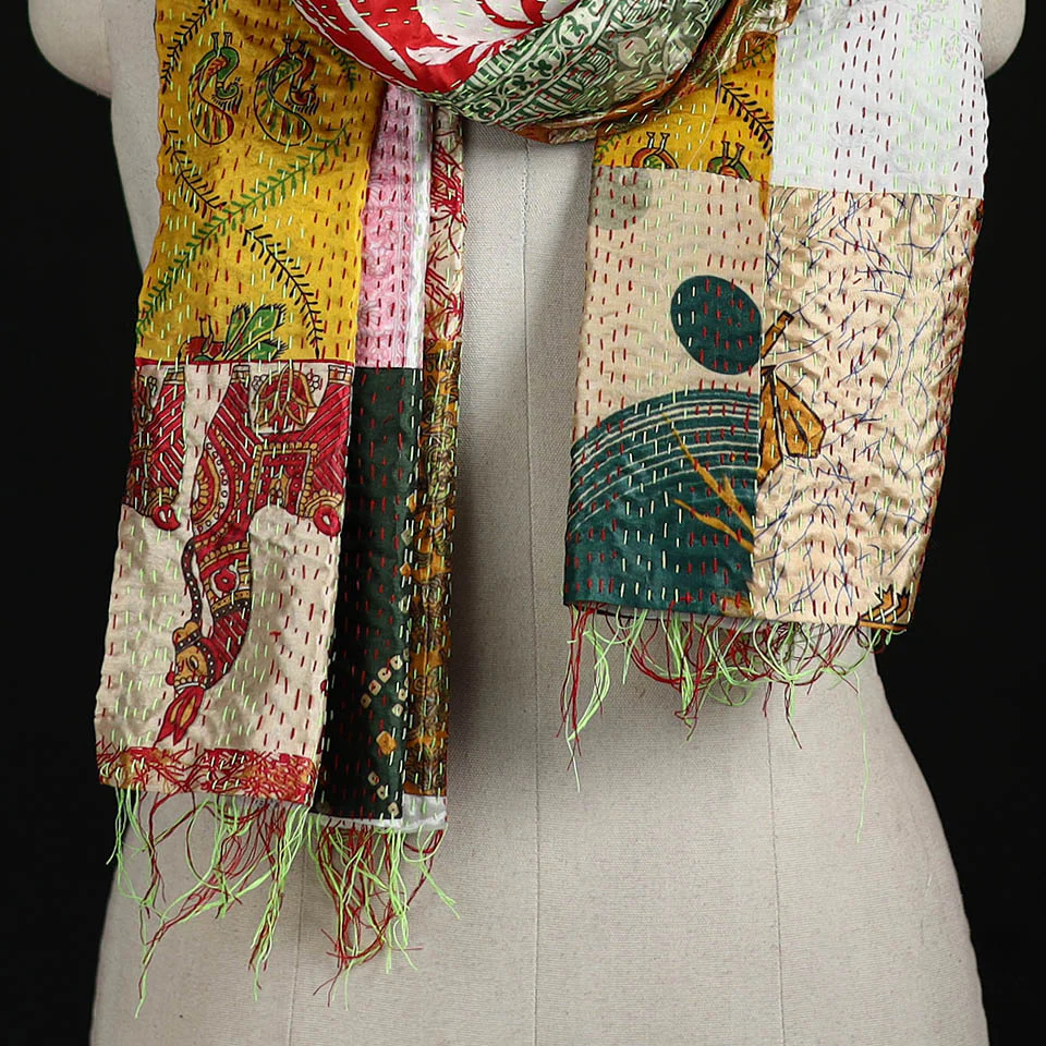Bengal Kantha Handwork Patchwork Reversible Silk Stole 08 - Image 2
