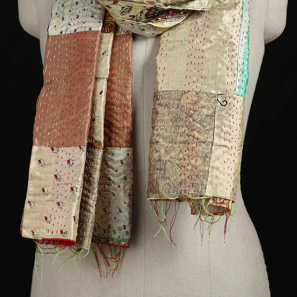 Bengal Kantha Handwork Patchwork Reversible Silk Stole 100 - Image 2
