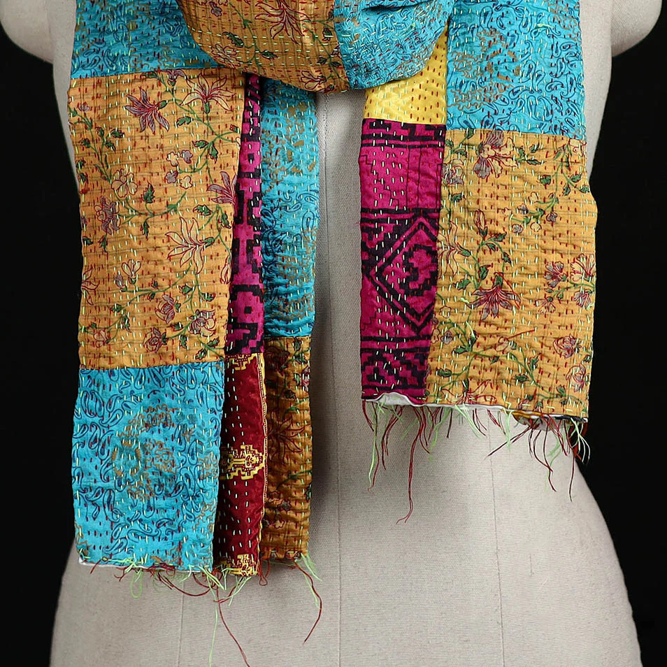 Bengal Kantha Handwork Patchwork Reversible Silk Stole 101 - Image 2