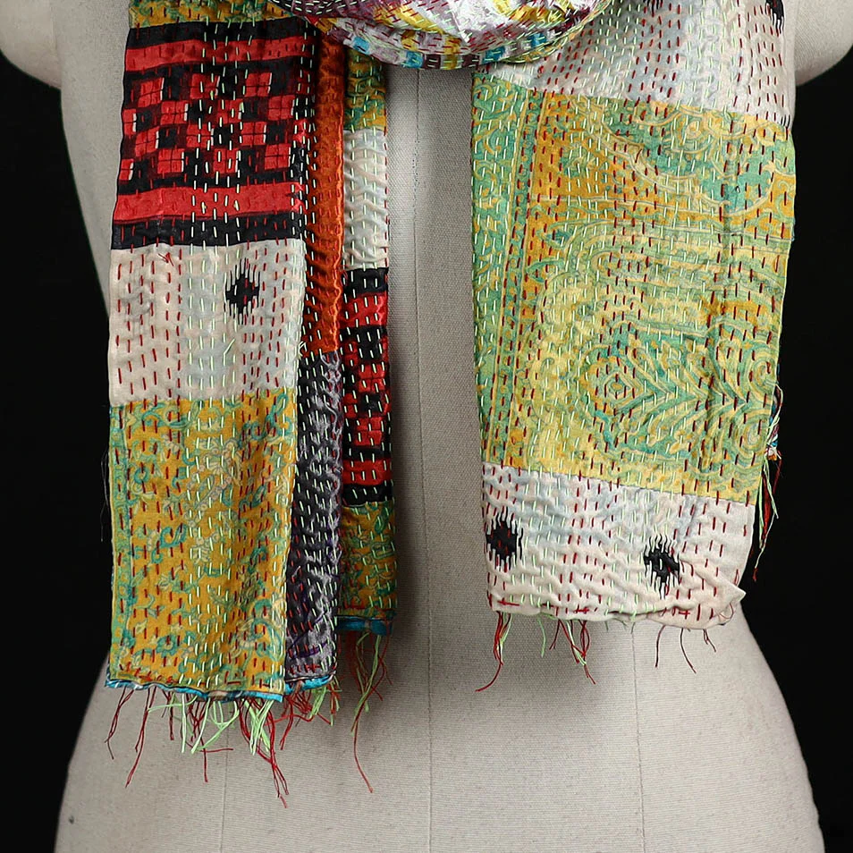 Bengal Kantha Handwork Patchwork Reversible Silk Stole 102 - Image 2