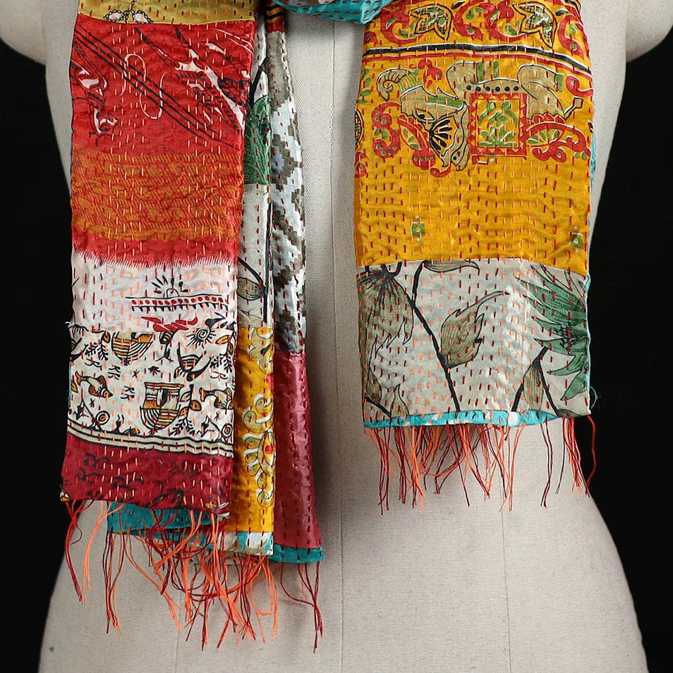 Bengal Kantha Handwork Patchwork Reversible Silk Stole 103 - Image 2