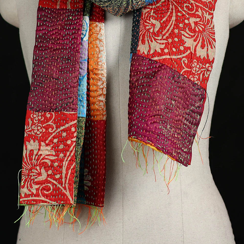 Bengal Kantha Handwork Patchwork Reversible Silk Stole 108 - Image 2