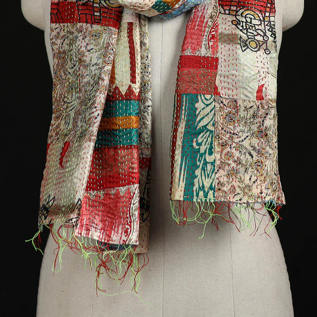 Bengal Kantha Handwork Patchwork Reversible Silk Stole 11 - Image 2