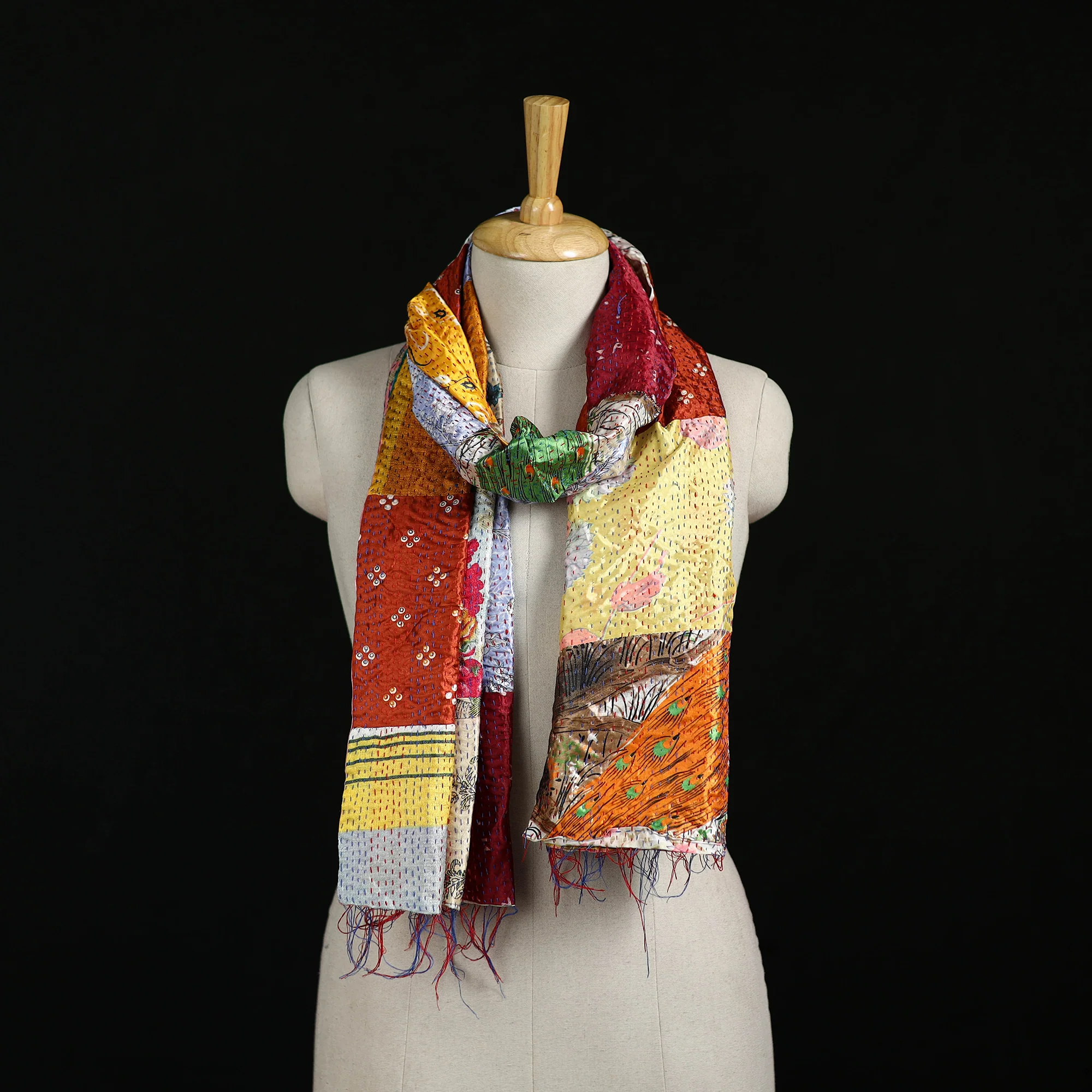 Bengal Kantha Handwork Patchwork Reversible Silk Stole 110