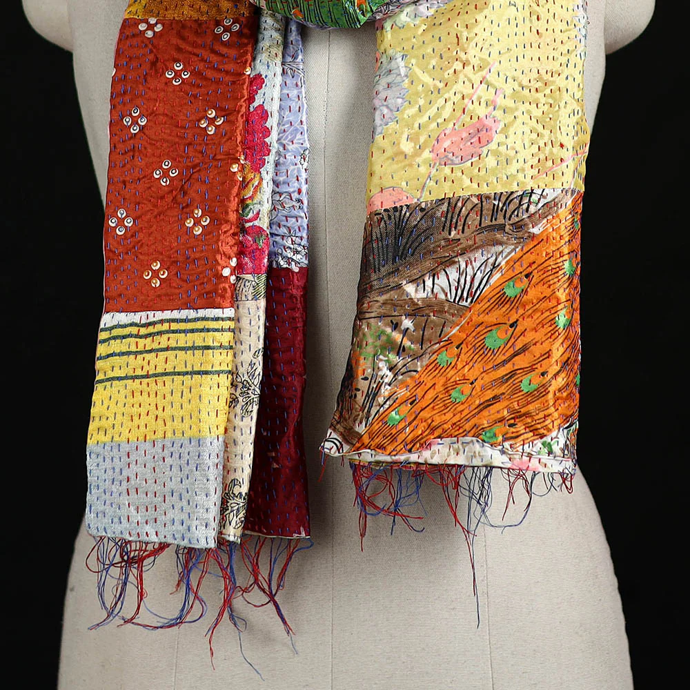 Bengal Kantha Handwork Patchwork Reversible Silk Stole 110 - Image 2