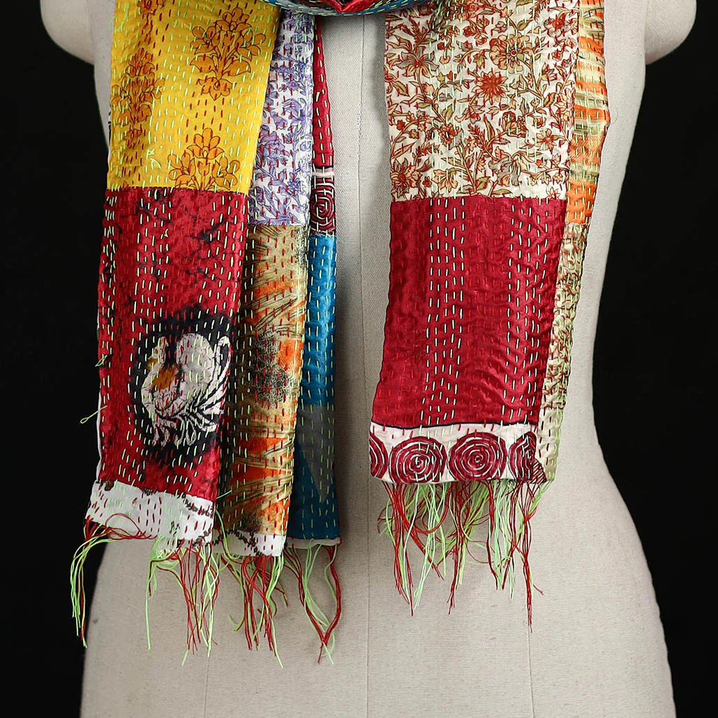 Bengal Kantha Handwork Patchwork Reversible Silk Stole 111 - Image 2