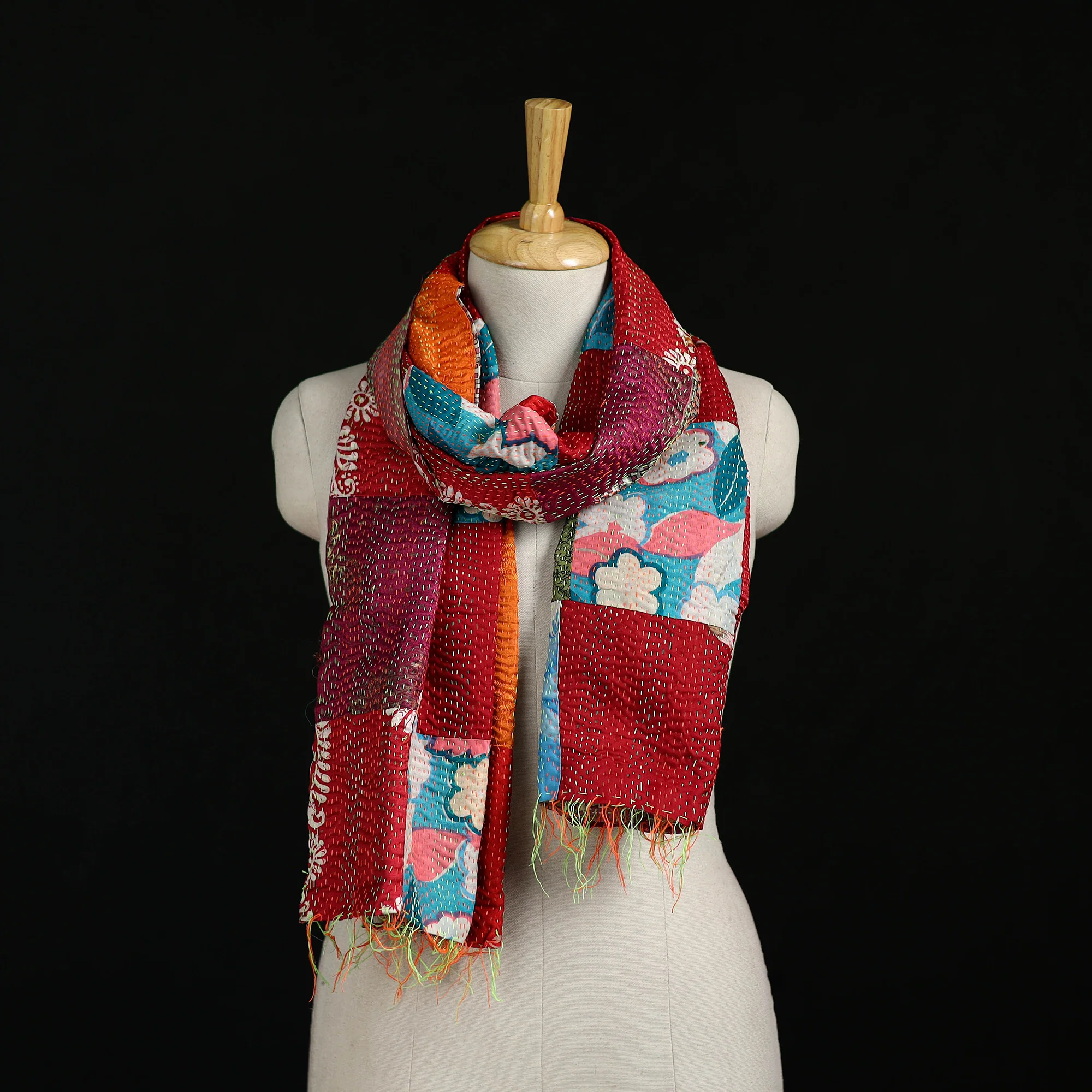 Bengal Kantha Handwork Patchwork Reversible Silk Stole 112