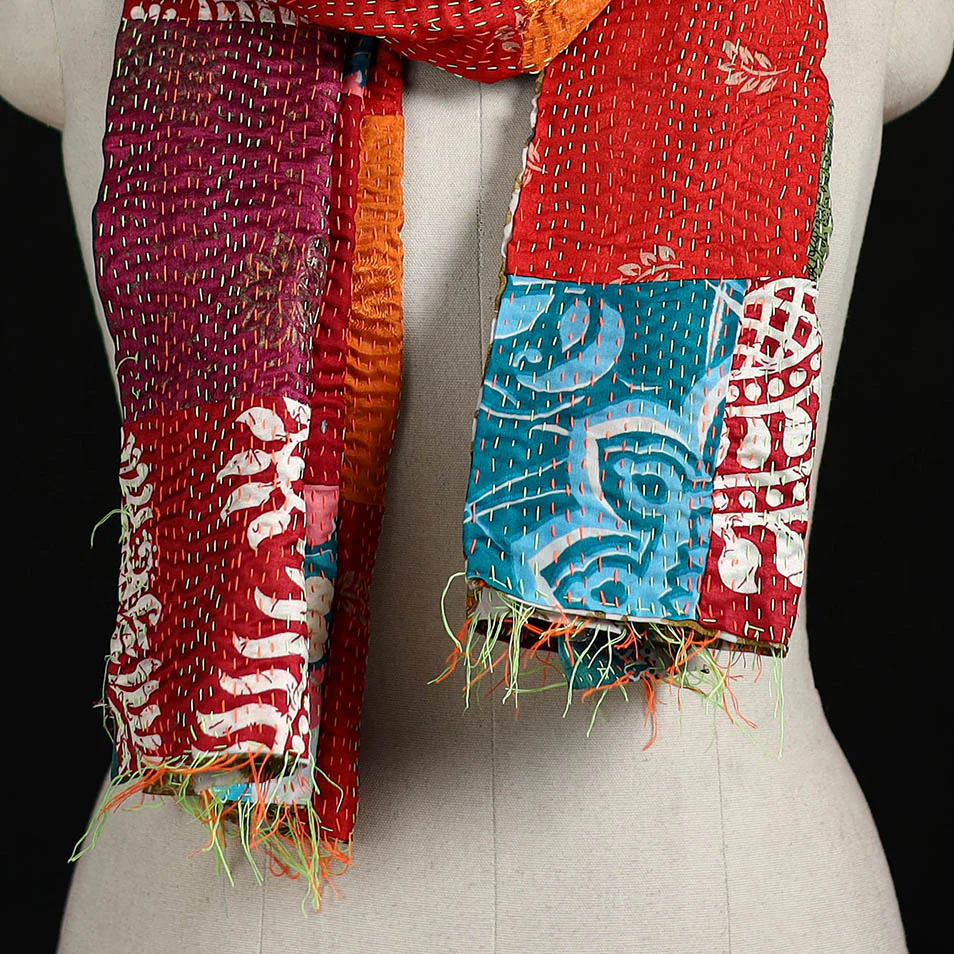 Bengal Kantha Handwork Patchwork Reversible Silk Stole 115 - Image 2