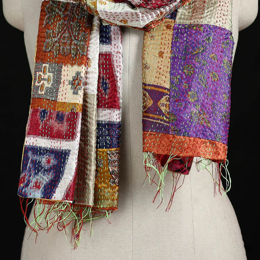 Bengal Kantha Handwork Patchwork Reversible Silk Stole 117 - Image 2