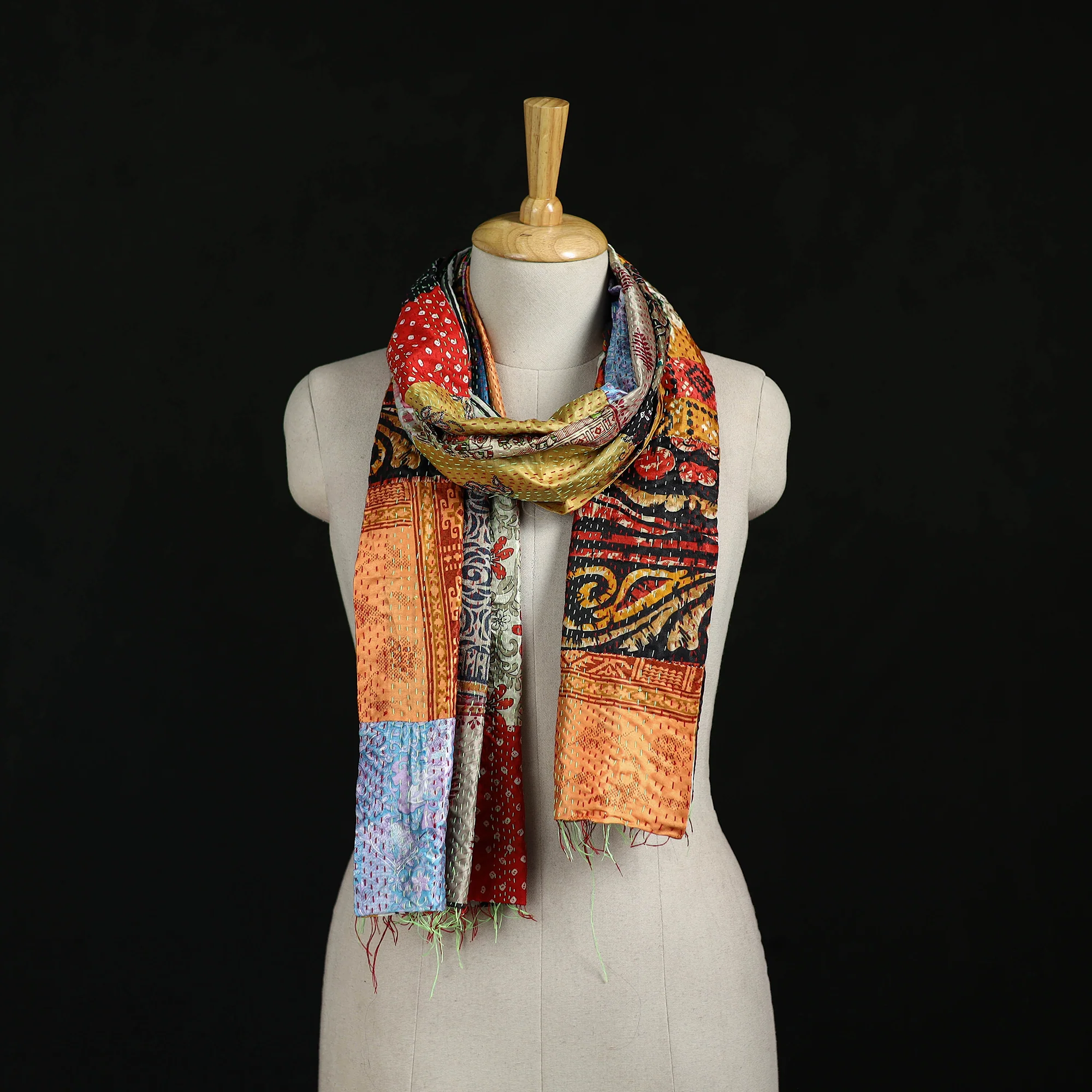 Bengal Kantha Handwork Patchwork Reversible Silk Stole 12
