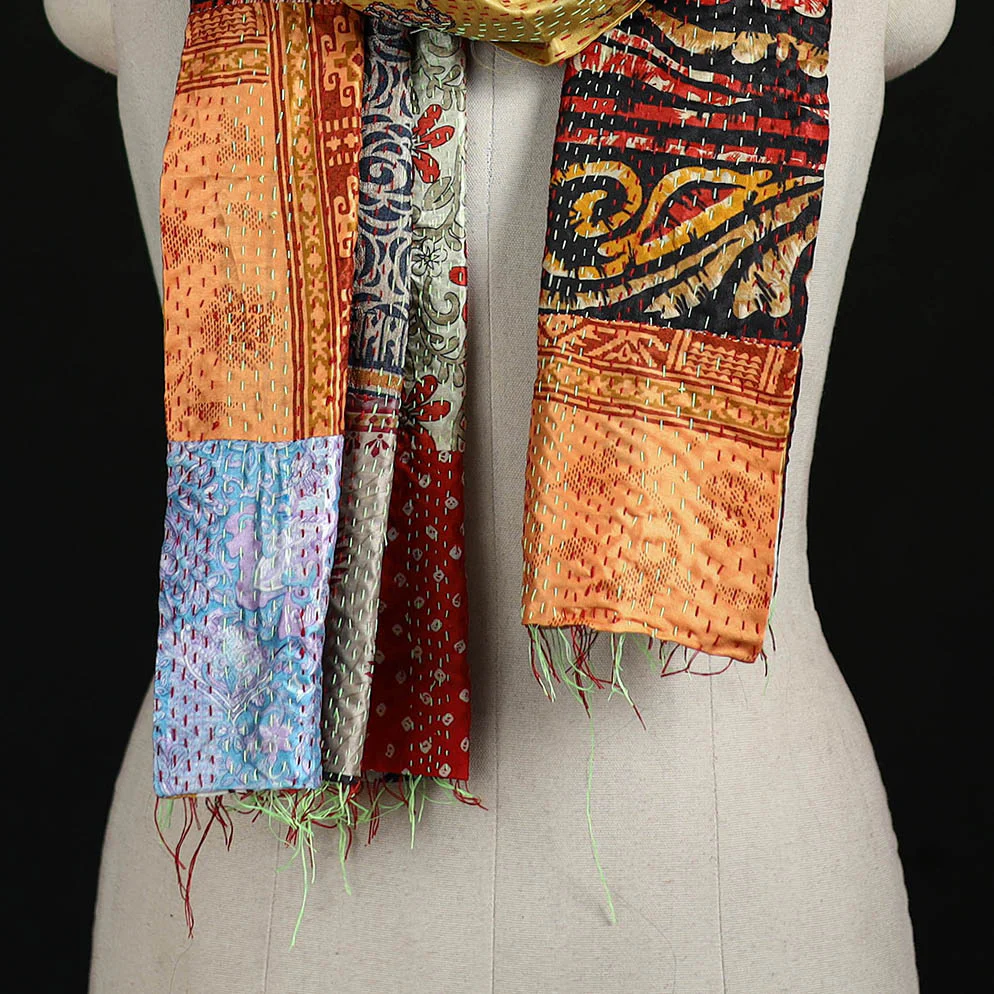 Bengal Kantha Handwork Patchwork Reversible Silk Stole 12 - Image 2