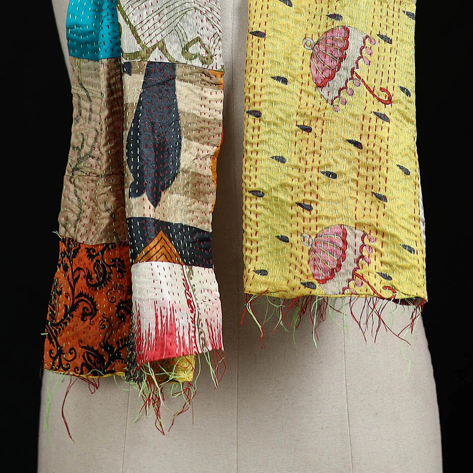 Bengal Kantha Handwork Patchwork Reversible Silk Stole 121 - Image 2