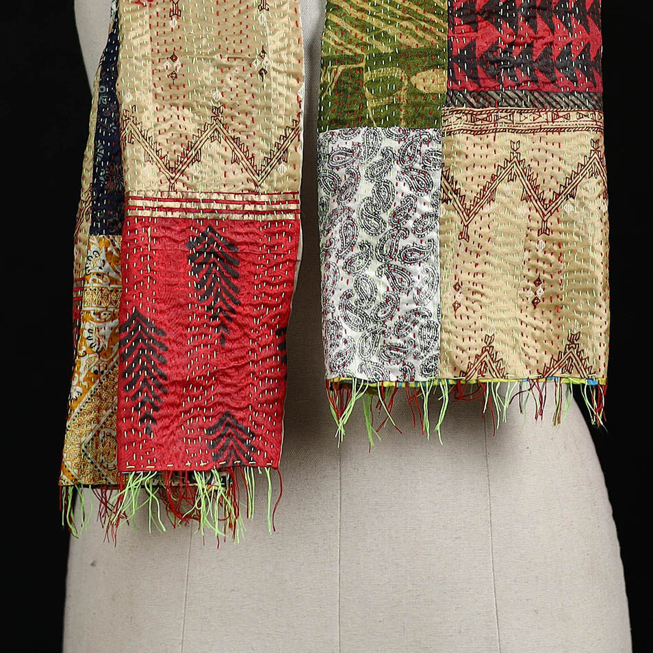 Bengal Kantha Handwork Patchwork Reversible Silk Stole 122 - Image 2