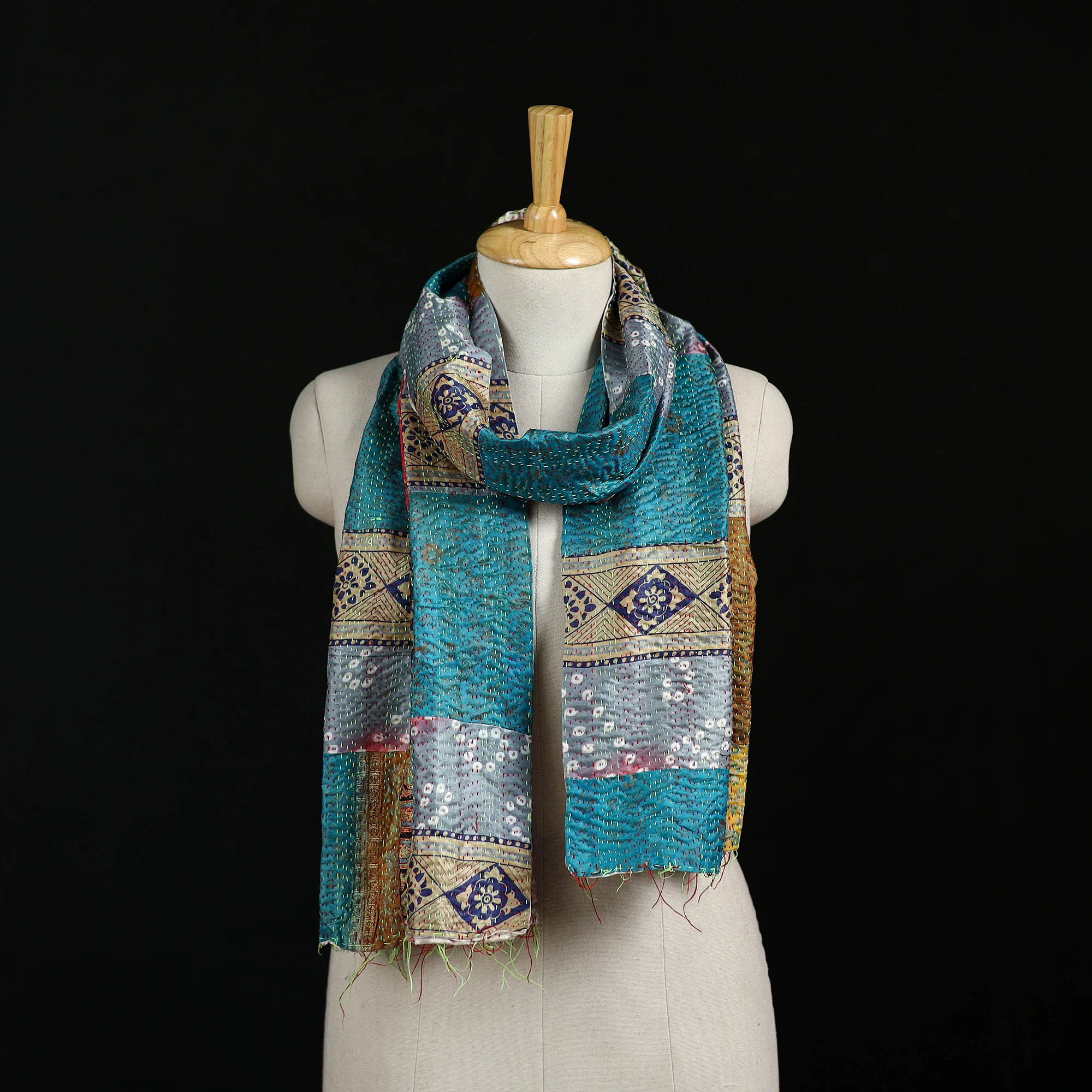 Bengal Kantha Handwork Patchwork Reversible Silk Stole 123