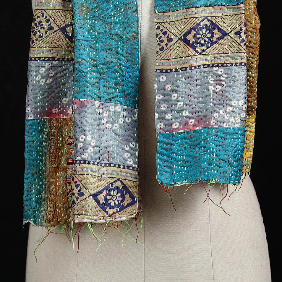 Bengal Kantha Handwork Patchwork Reversible Silk Stole 123 - Image 2