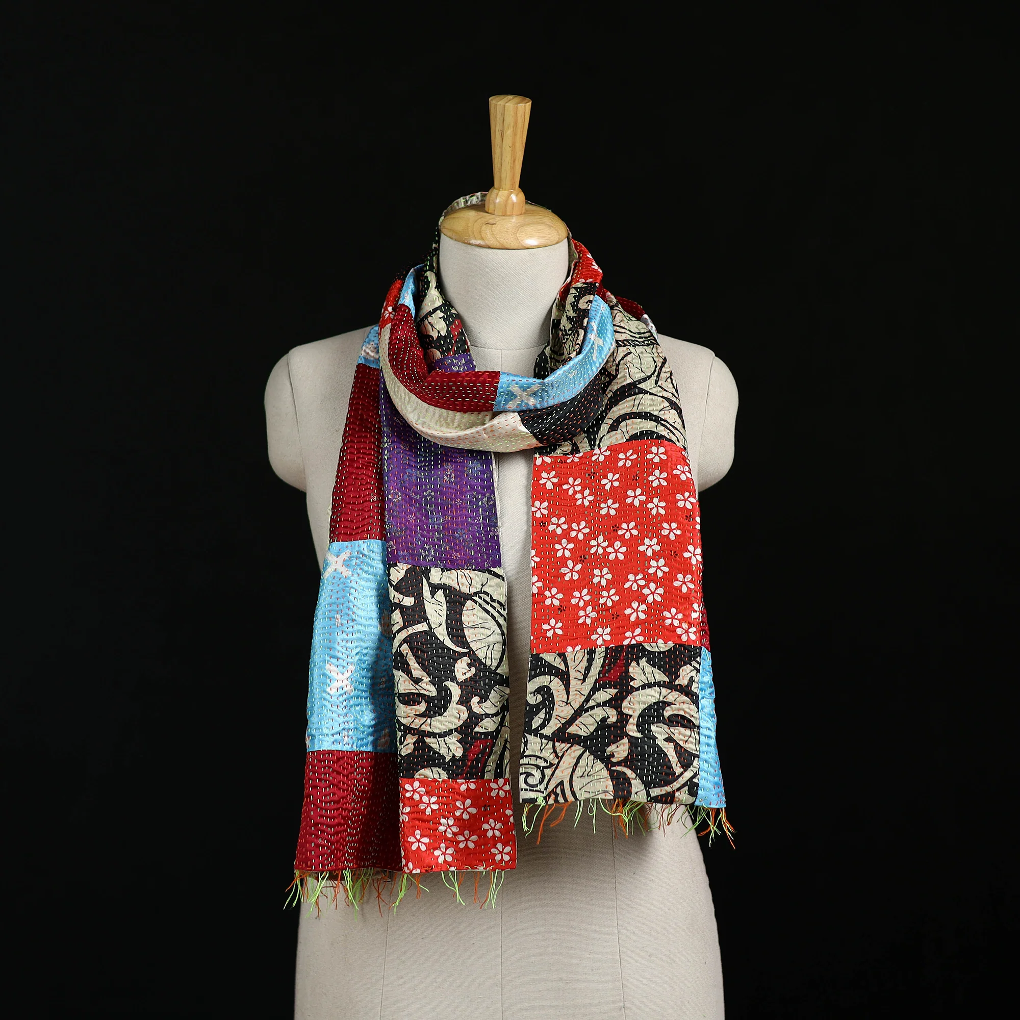 Bengal Kantha Handwork Patchwork Reversible Silk Stole 124