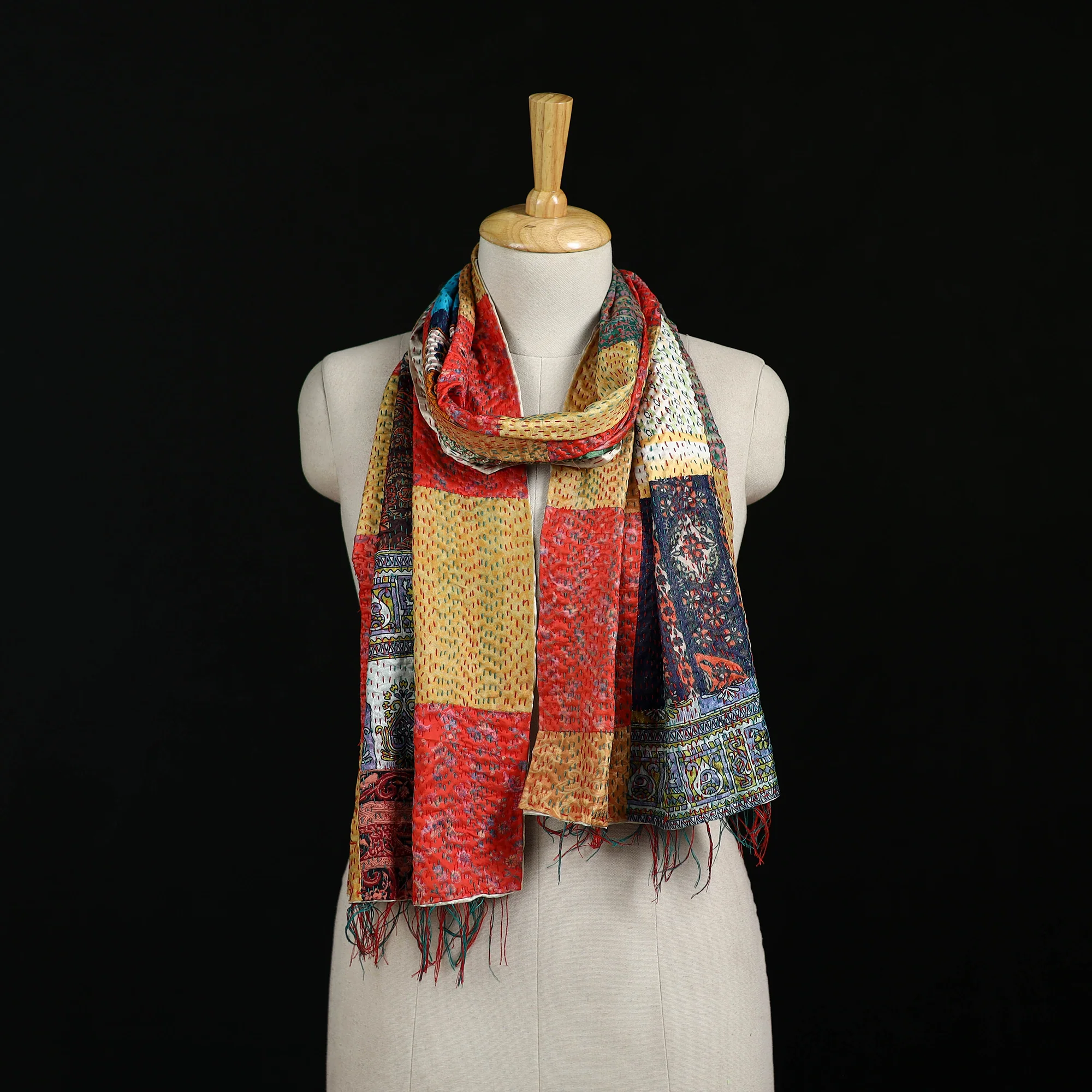 Bengal Kantha Handwork Patchwork Reversible Silk Stole 129