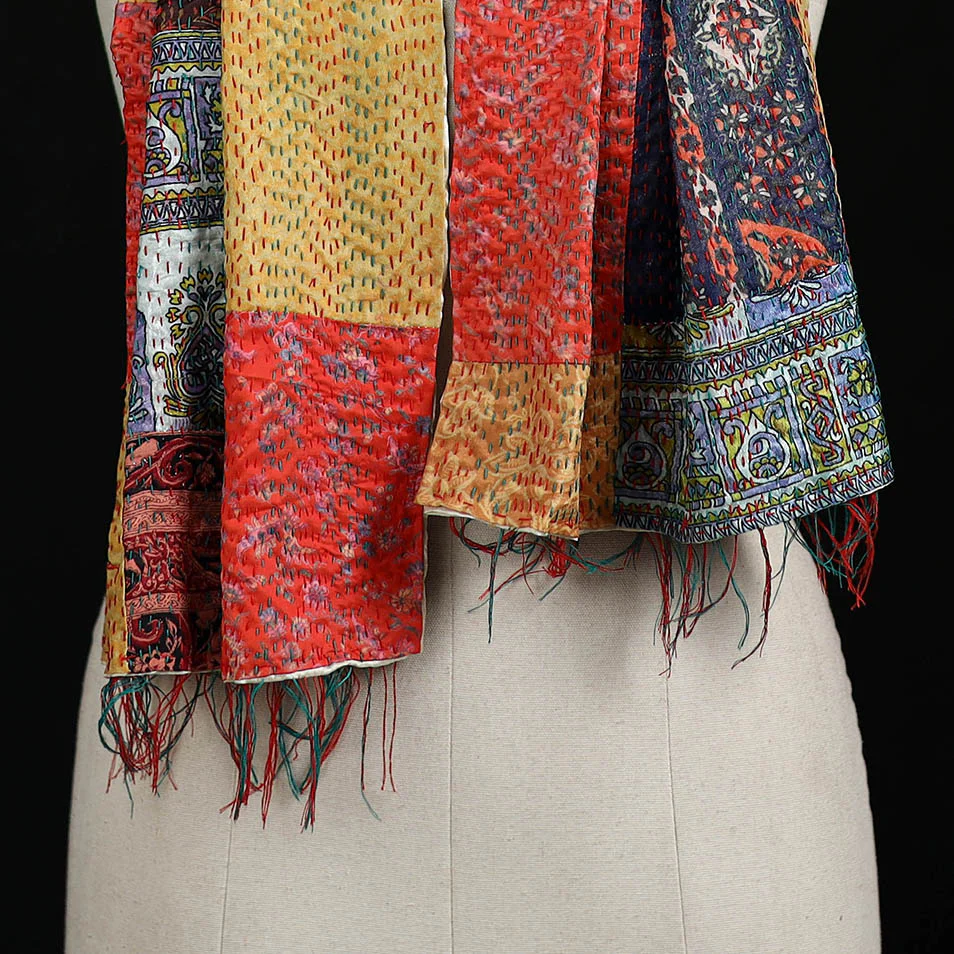 Bengal Kantha Handwork Patchwork Reversible Silk Stole 129 - Image 2
