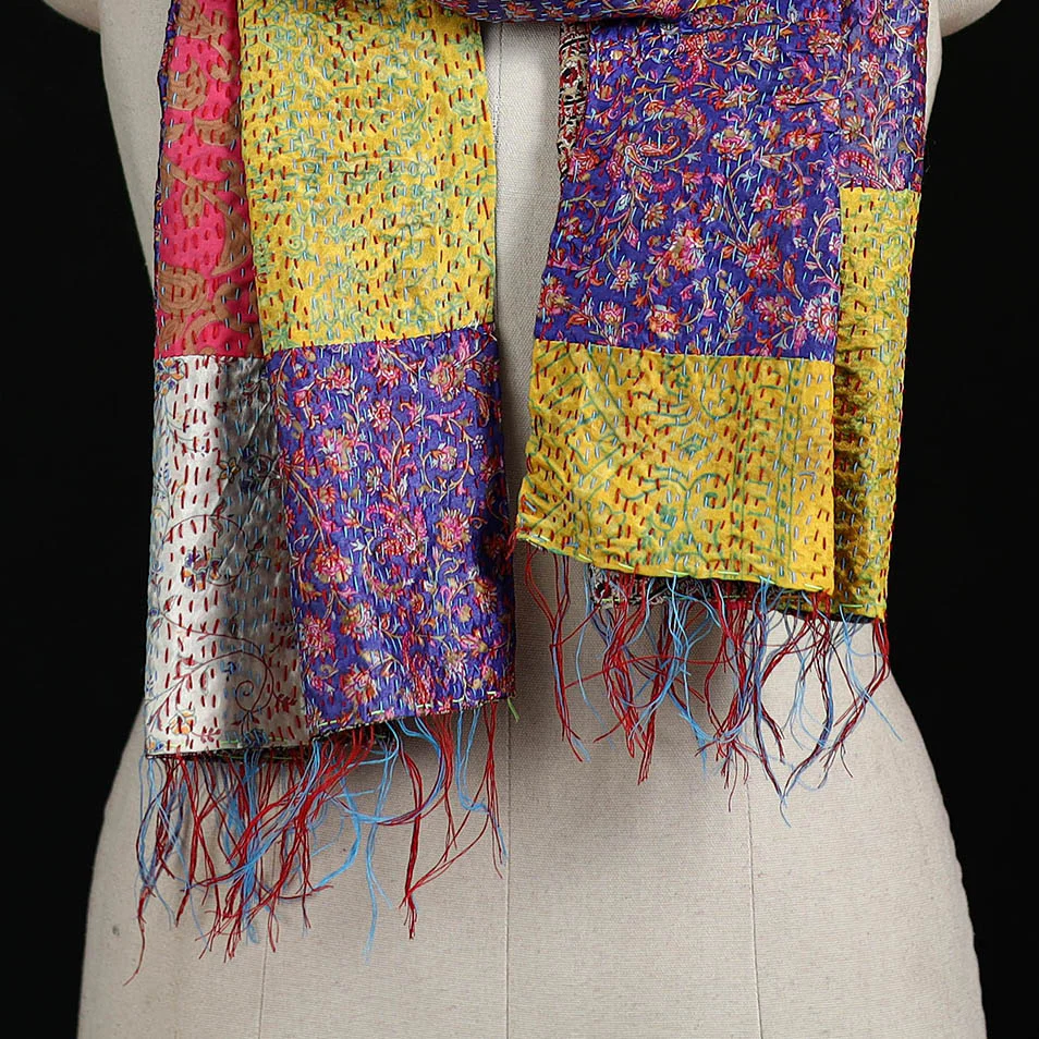 Bengal Kantha Handwork Patchwork Reversible Silk Stole 130 - Image 2