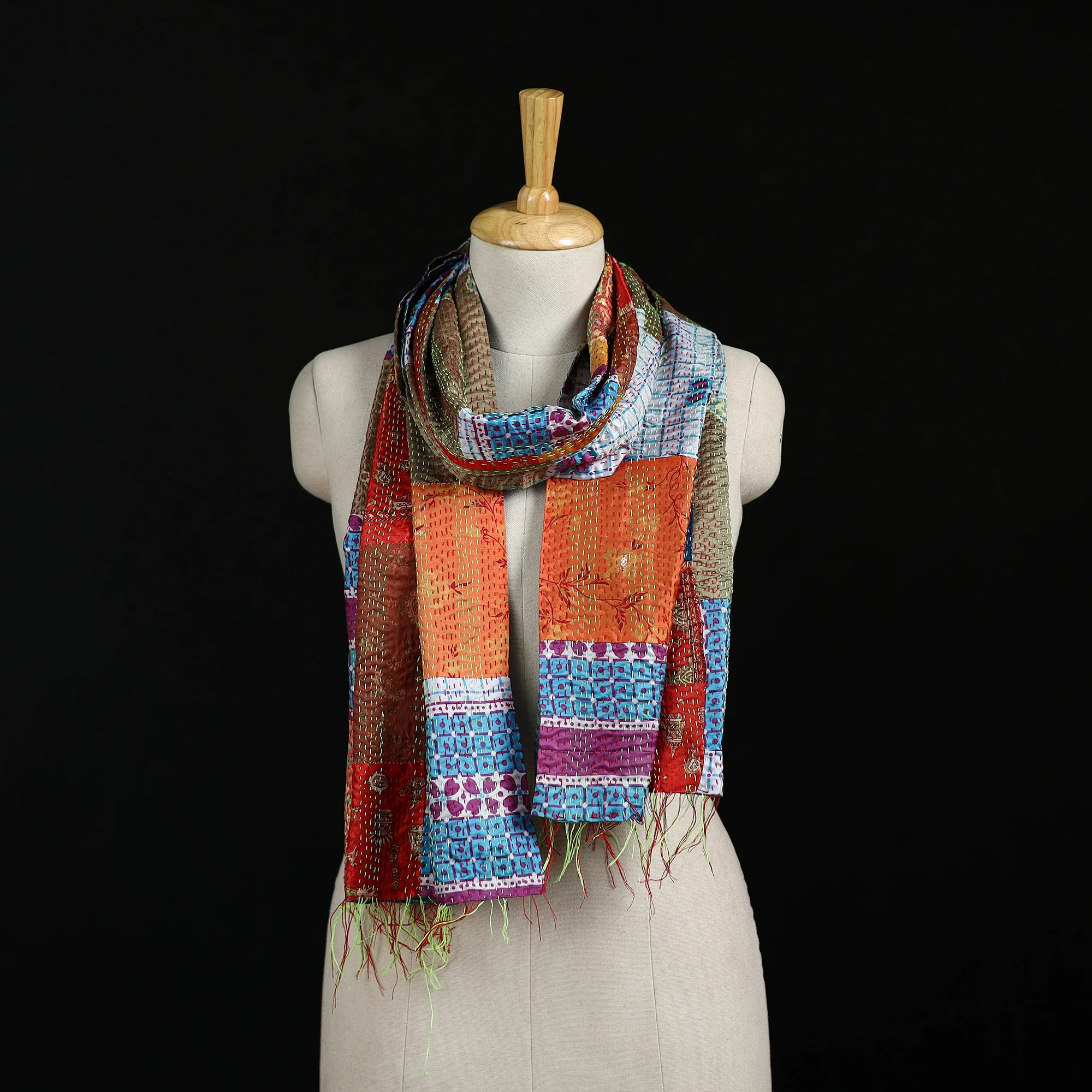 Bengal Kantha Handwork Patchwork Reversible Silk Stole 131