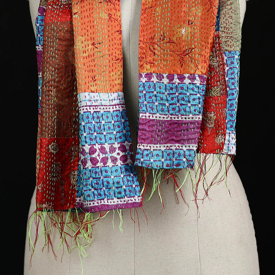 Bengal Kantha Handwork Patchwork Reversible Silk Stole 131 - Image 2