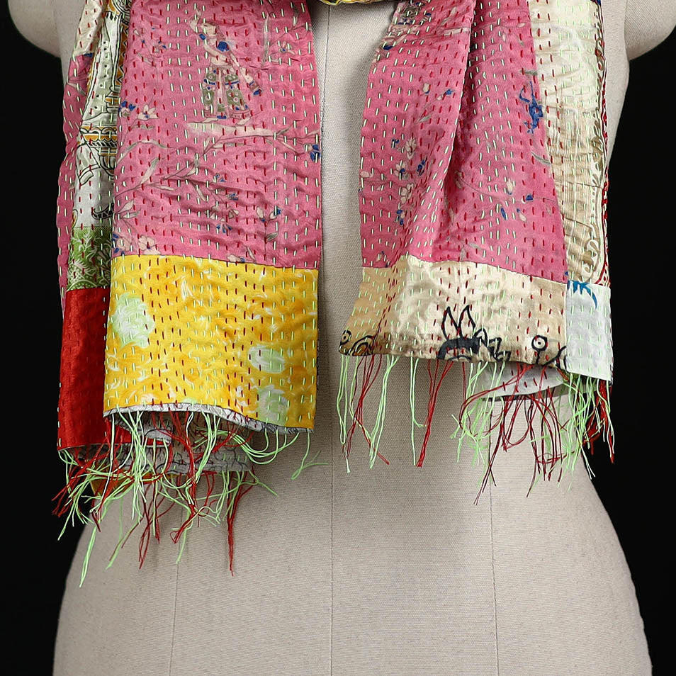 Bengal Kantha Handwork Patchwork Reversible Silk Stole 133 - Image 2