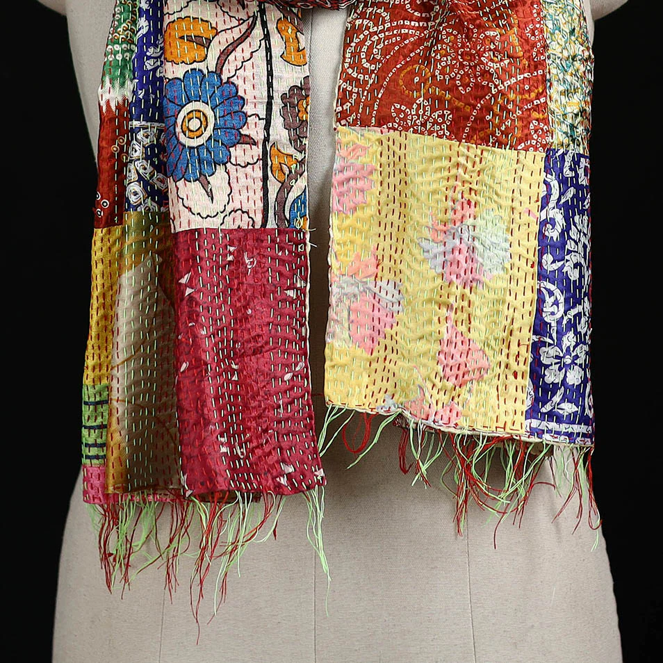 Bengal Kantha Handwork Patchwork Reversible Silk Stole 135 - Image 2