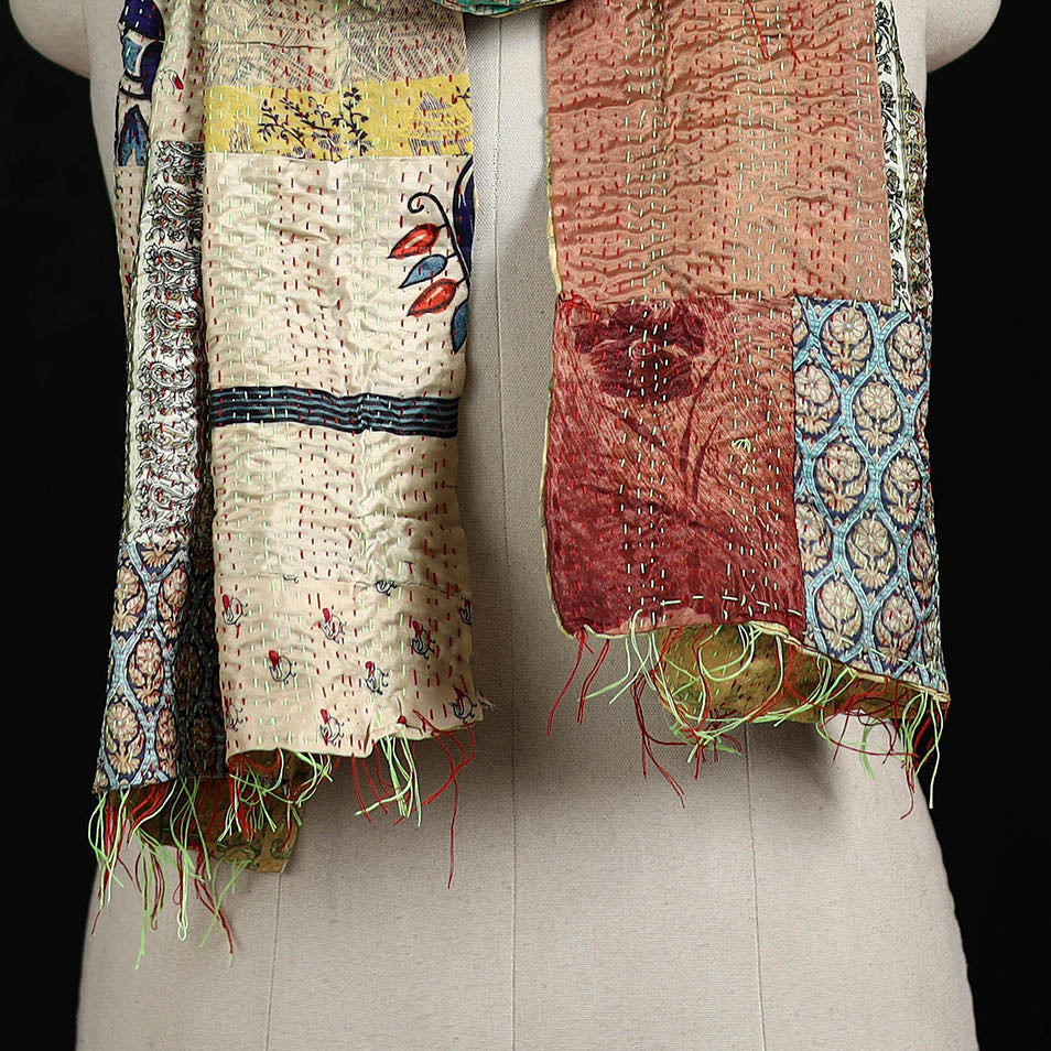 Bengal Kantha Handwork Patchwork Reversible Silk Stole 138 - Image 2
