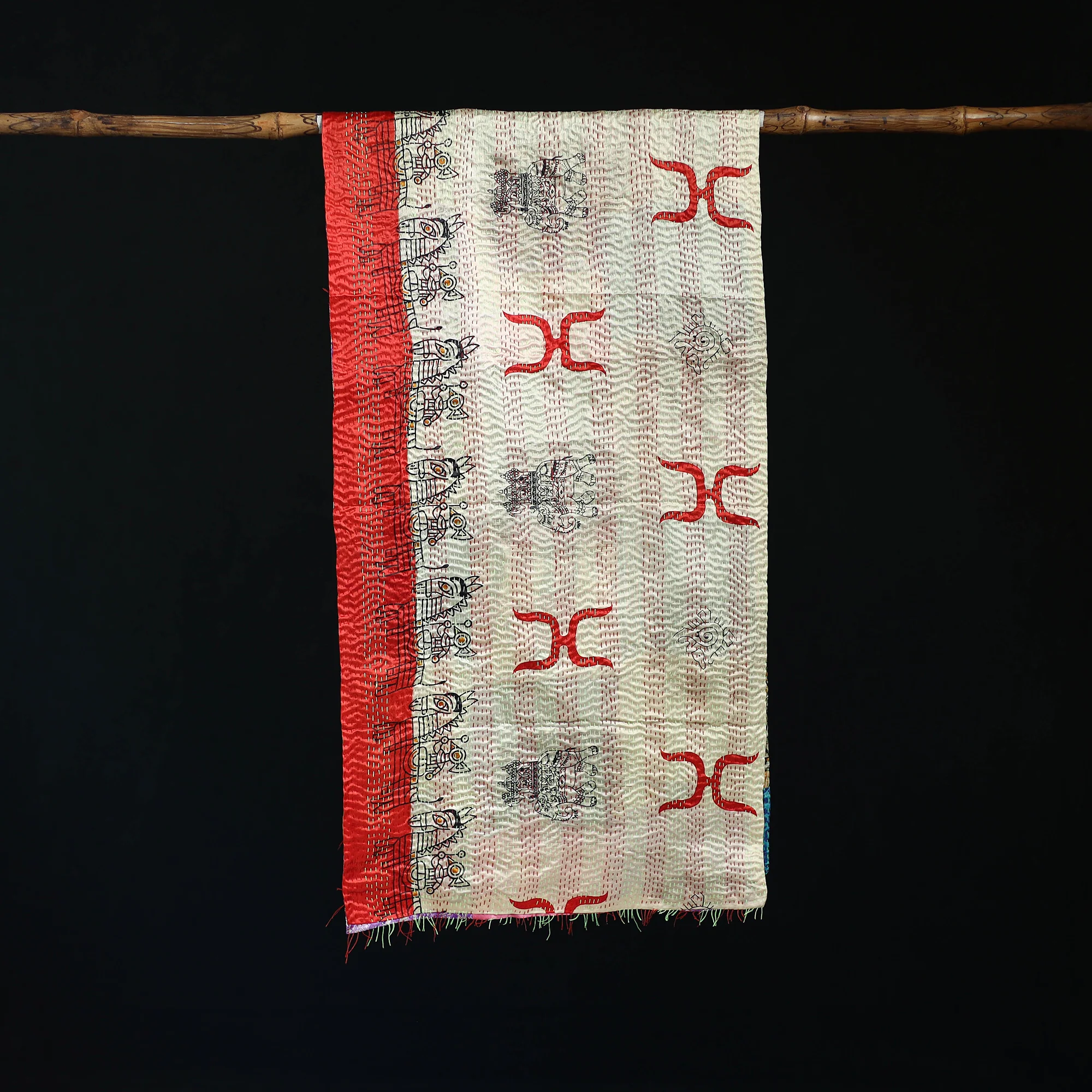 Bengal Kantha Handwork Patchwork Reversible Silk Stole 14 - Image 3