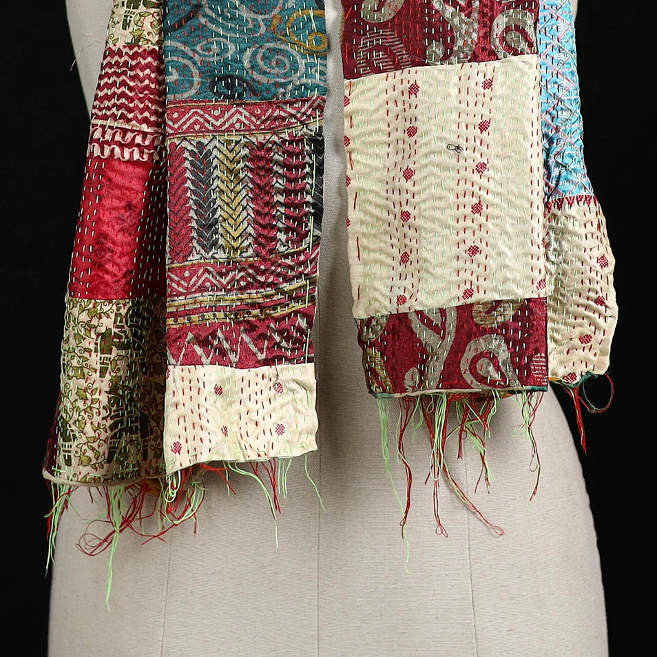 Bengal Kantha Handwork Patchwork Reversible Silk Stole 140 - Image 2