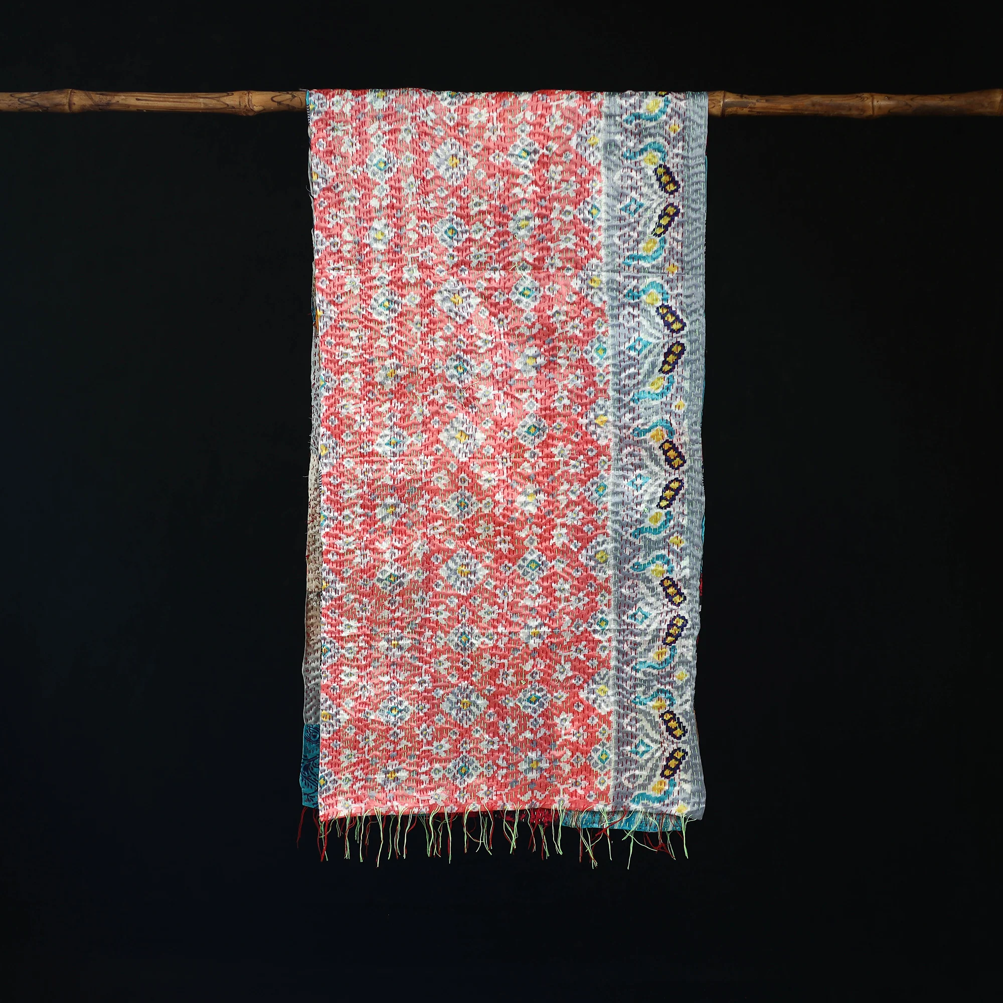 Bengal Kantha Handwork Patchwork Reversible Silk Stole 144 - Image 3
