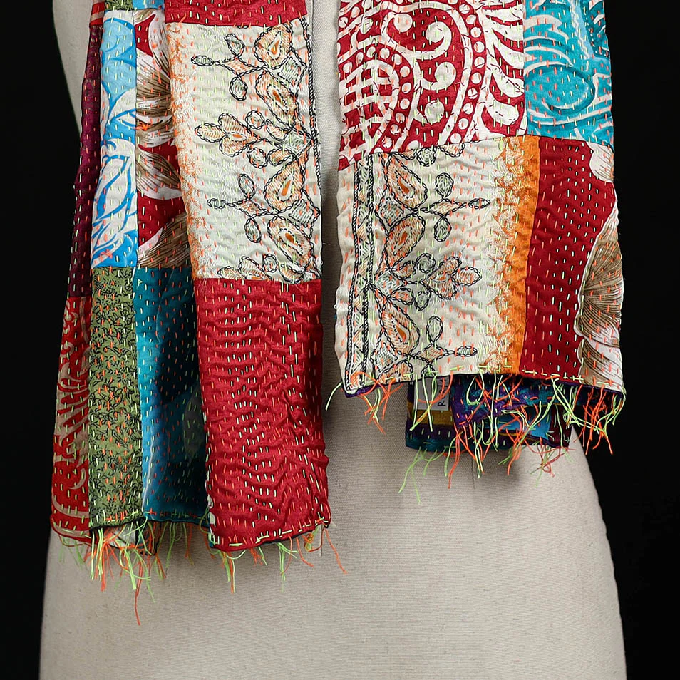 Bengal Kantha Handwork Patchwork Reversible Silk Stole 146 - Image 2