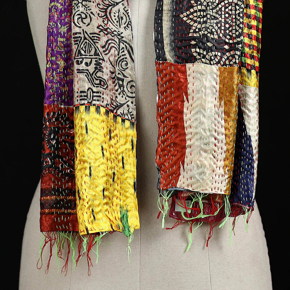 Bengal Kantha Handwork Patchwork Reversible Silk Stole 148 - Image 2