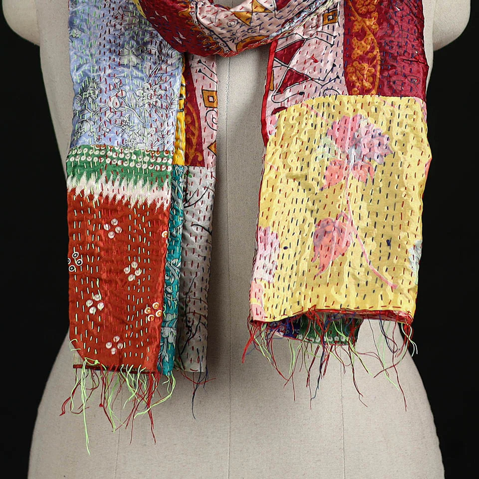 Bengal Kantha Handwork Patchwork Reversible Silk Stole 15 - Image 2