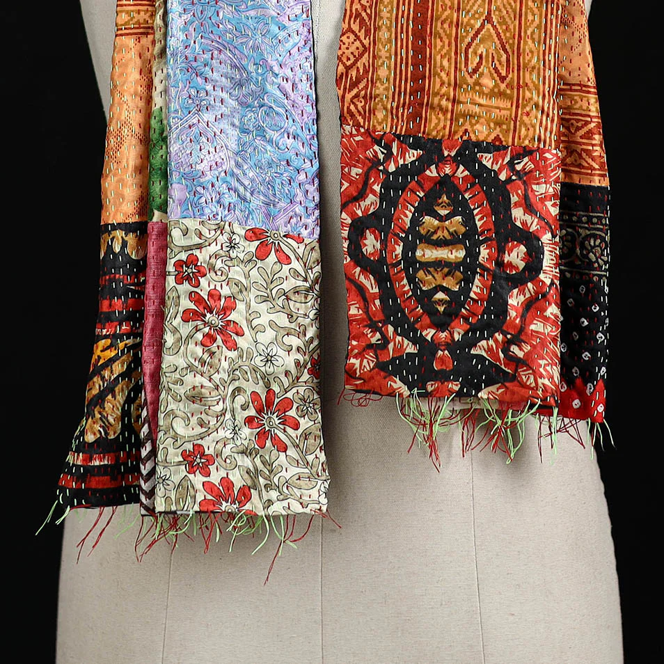Bengal Kantha Handwork Patchwork Reversible Silk Stole 151 - Image 2