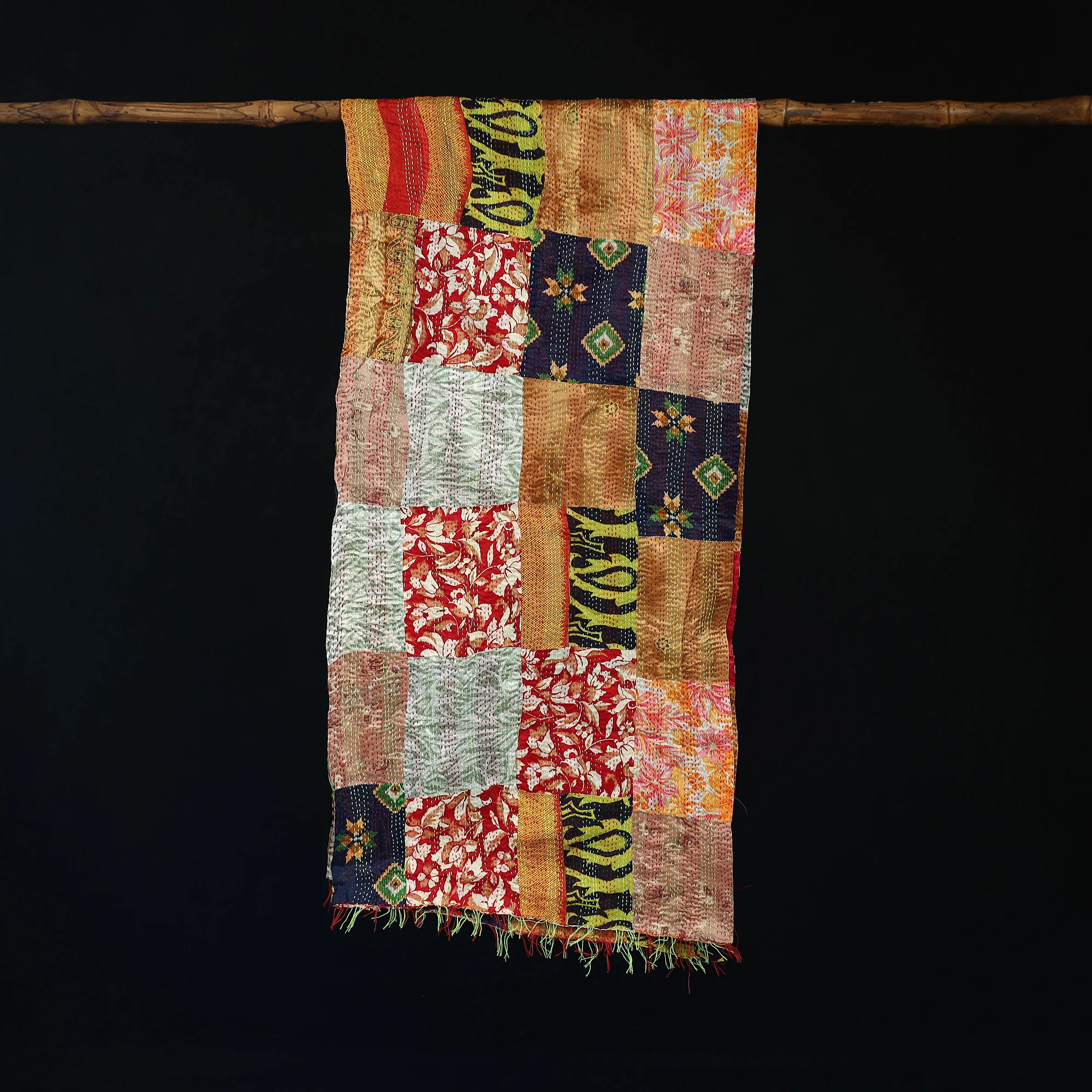 Bengal Kantha Handwork Patchwork Reversible Silk Stole 152 - Image 3