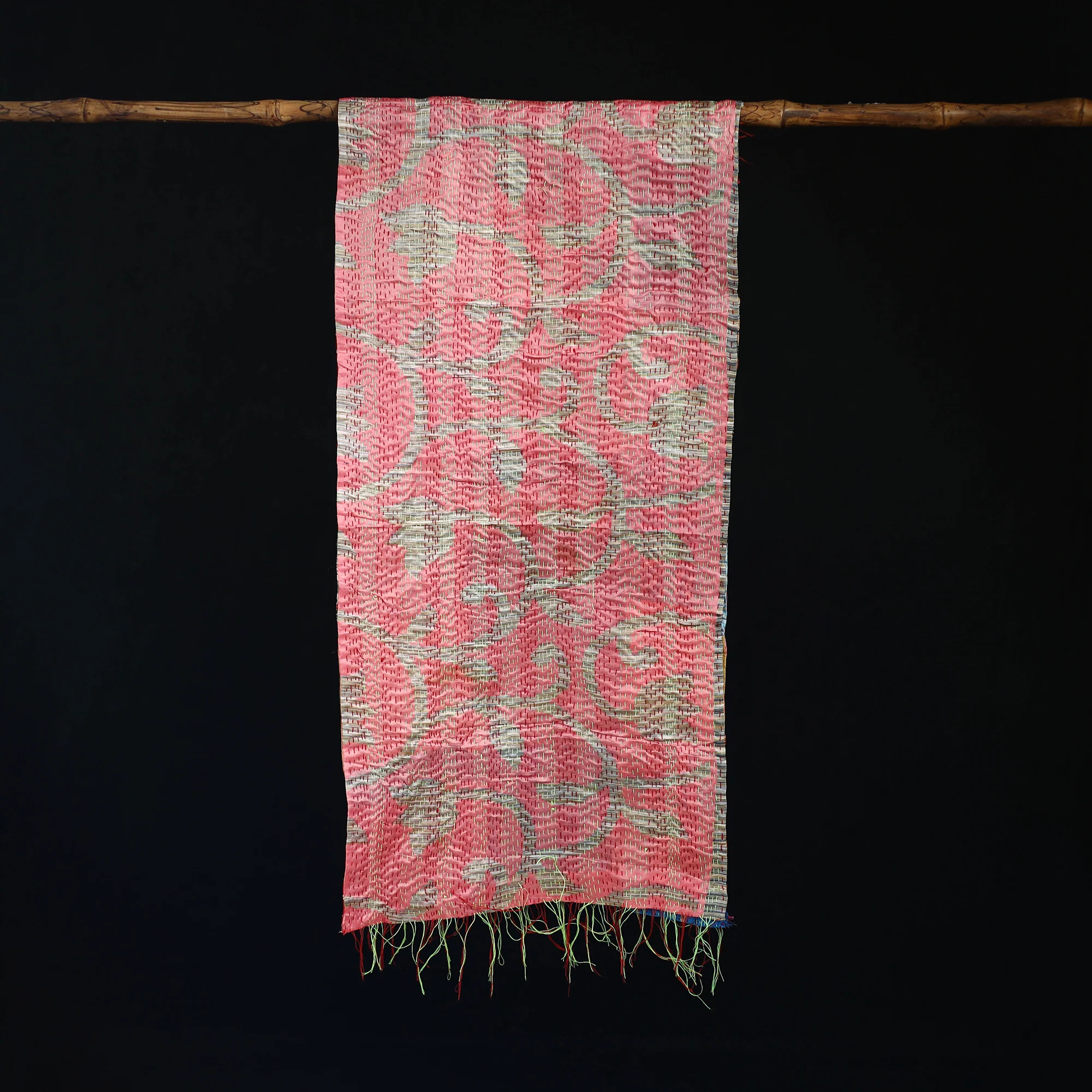 Bengal Kantha Handwork Patchwork Reversible Silk Stole 153 - Image 3