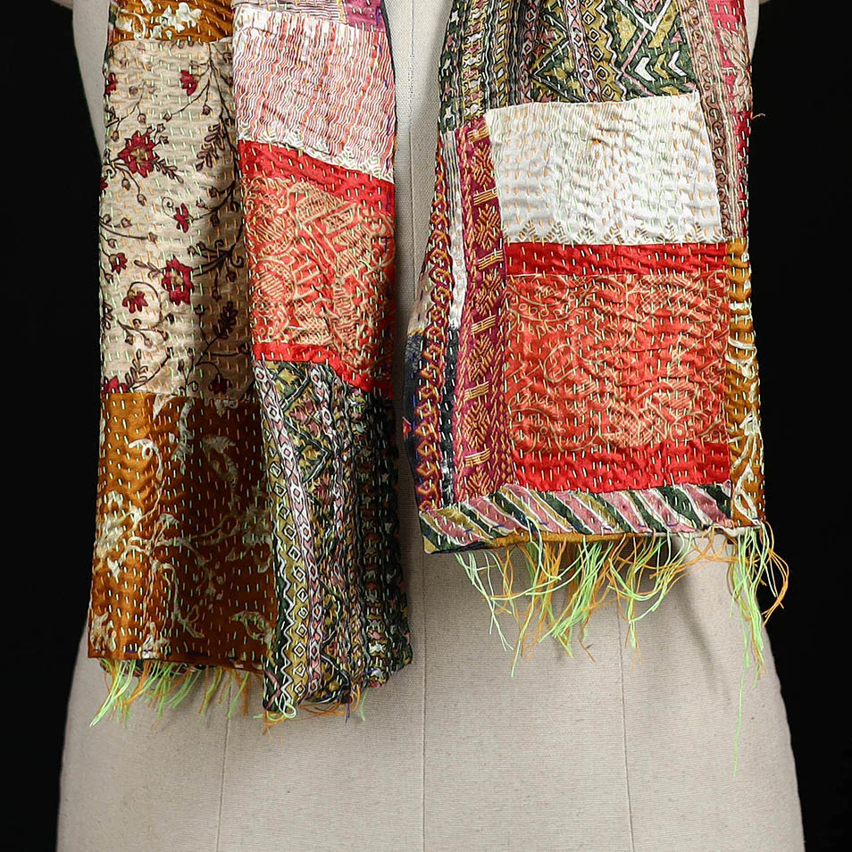 Bengal Kantha Handwork Patchwork Reversible Silk Stole 159 - Image 2