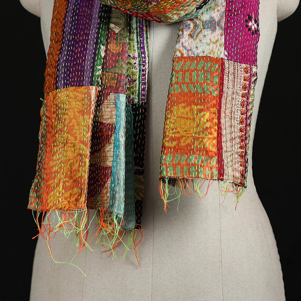 Bengal Kantha Handwork Patchwork Reversible Silk Stole 16 - Image 2