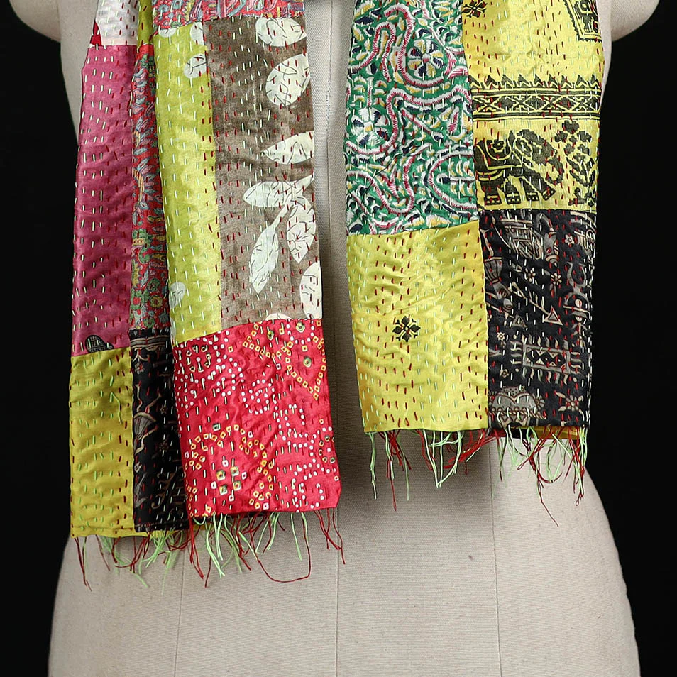 Bengal Kantha Handwork Patchwork Reversible Silk Stole 161 - Image 2