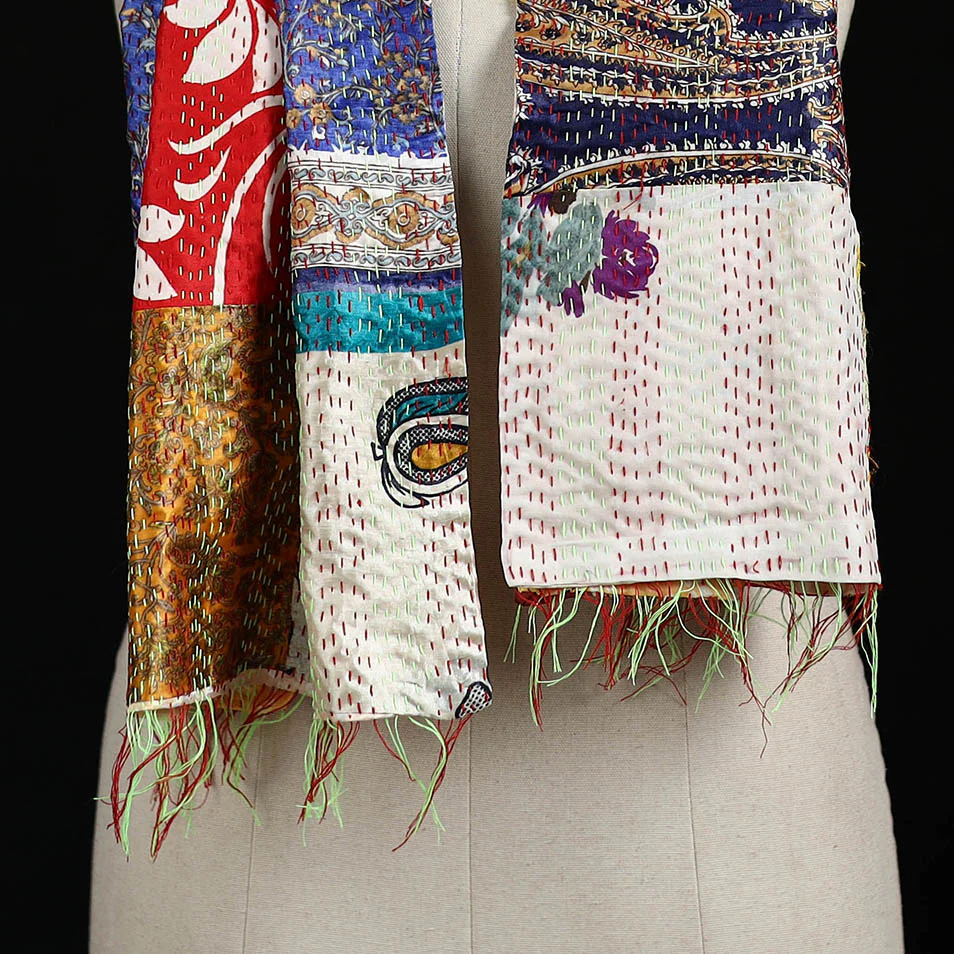 Bengal Kantha Handwork Patchwork Reversible Silk Stole 162 - Image 2