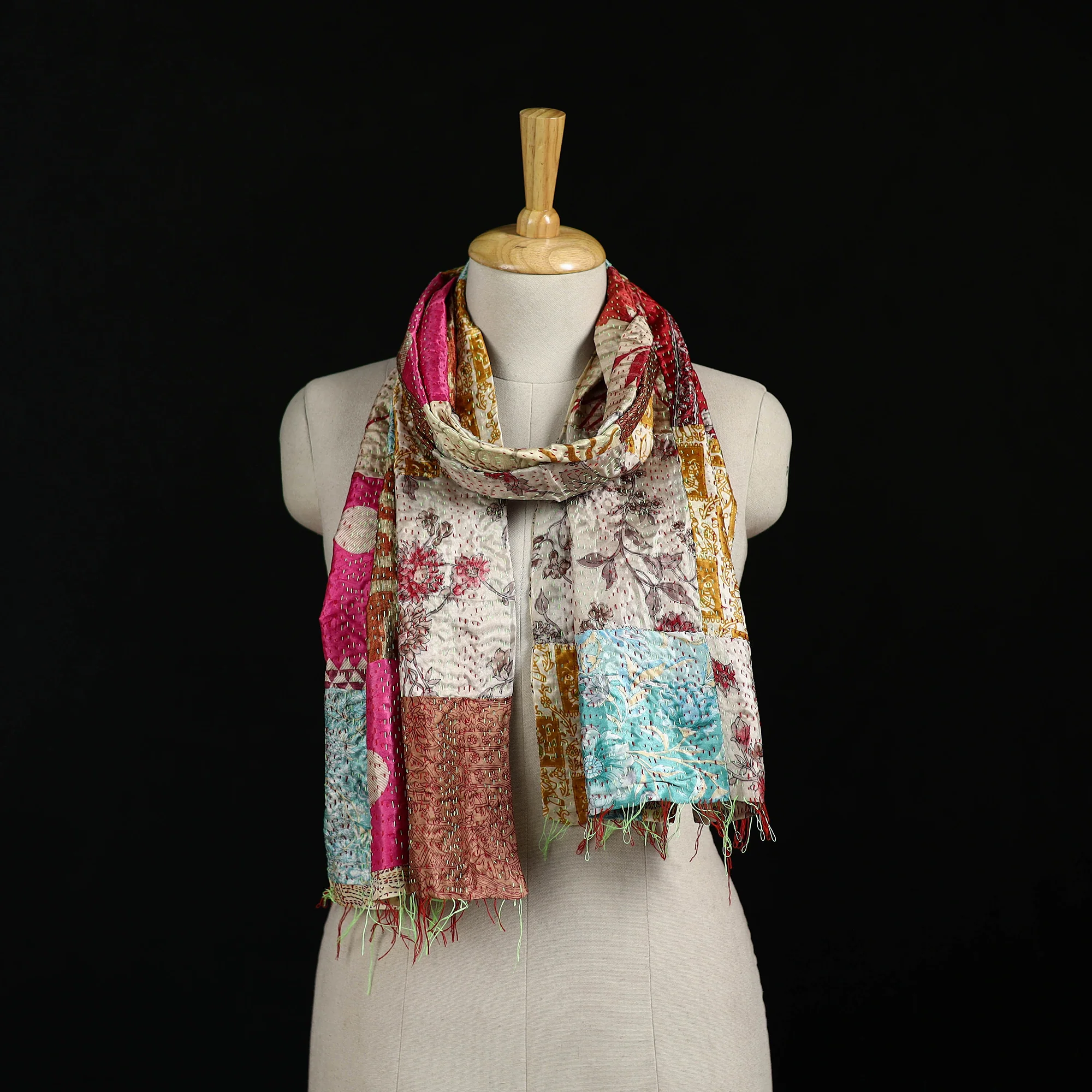 Bengal Kantha Handwork Patchwork Reversible Silk Stole 164
