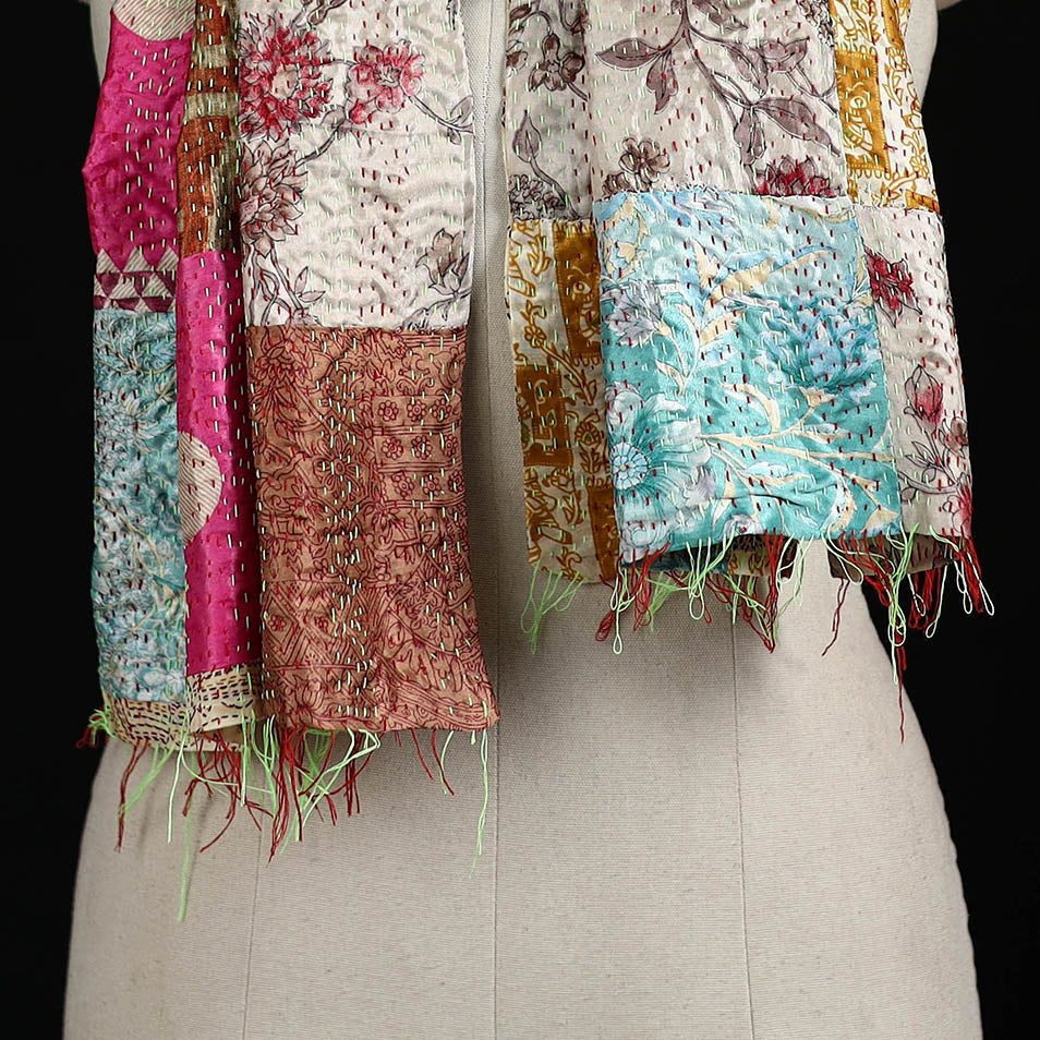 Bengal Kantha Handwork Patchwork Reversible Silk Stole 164 - Image 2