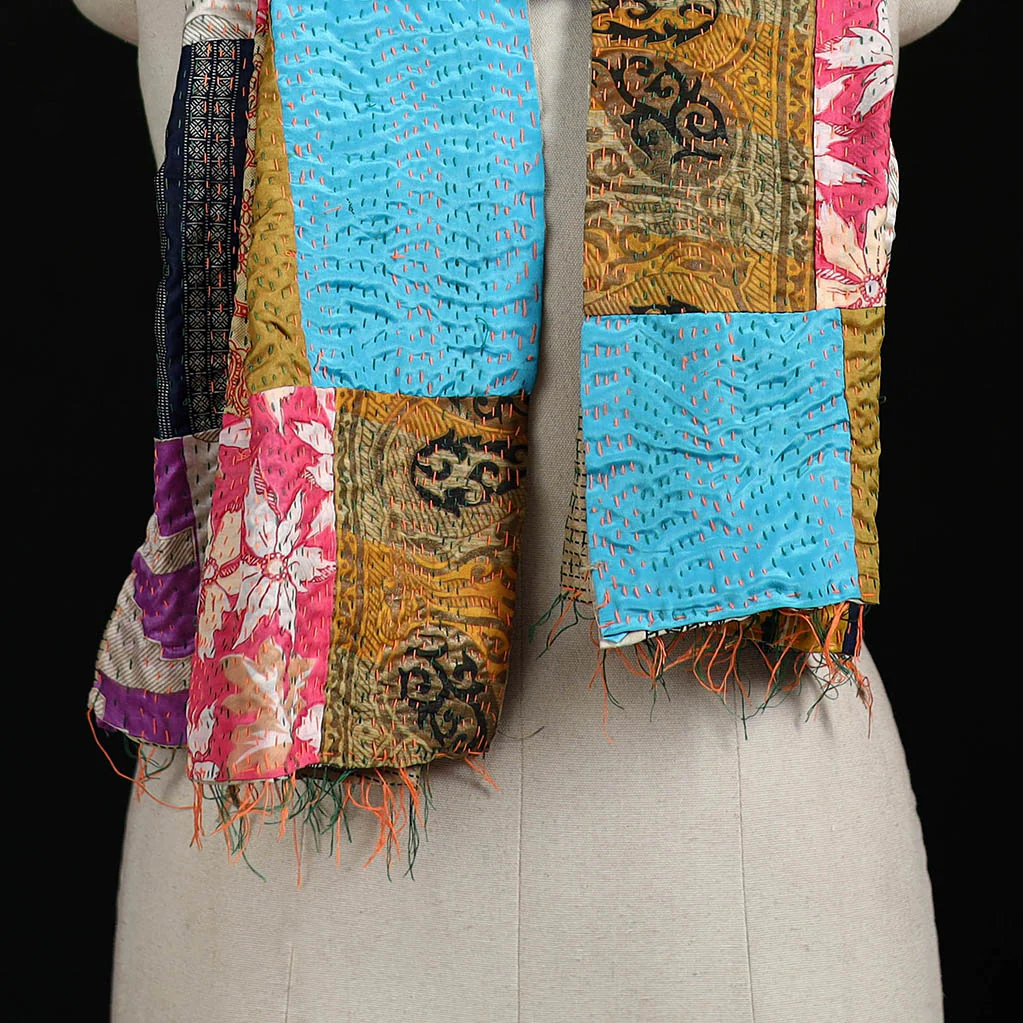 Bengal Kantha Handwork Patchwork Reversible Silk Stole 167 - Image 2