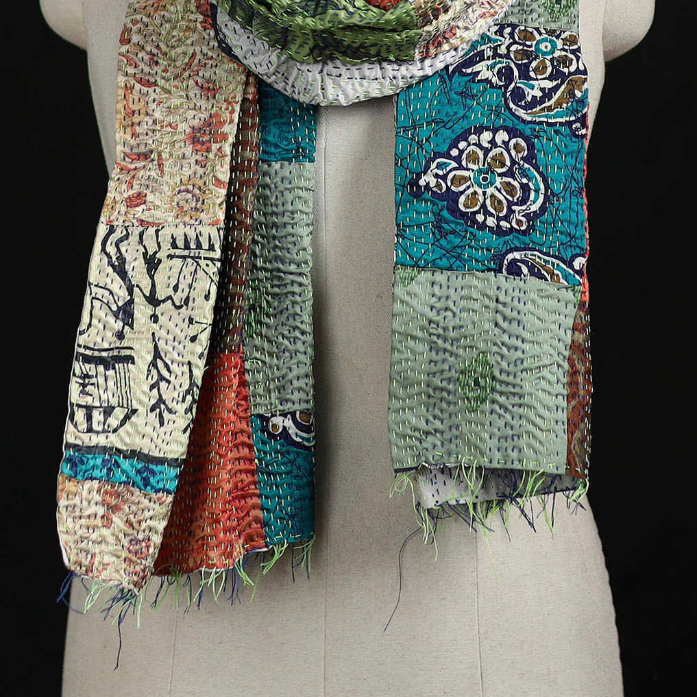 Bengal Kantha Handwork Patchwork Reversible Silk Stole 17 - Image 2