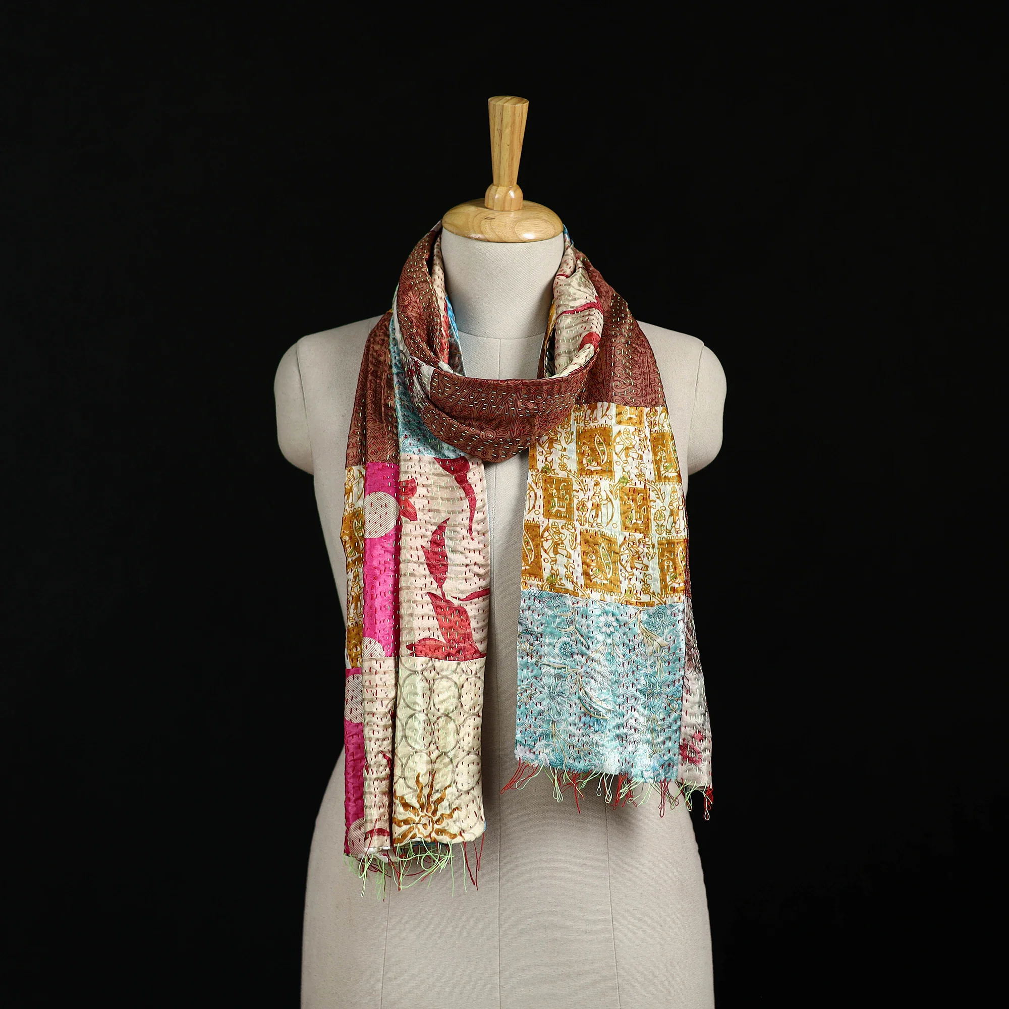 Bengal Kantha Handwork Patchwork Reversible Silk Stole 171