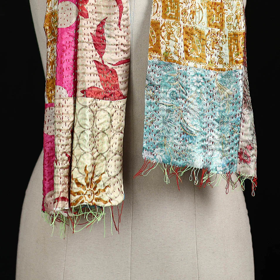 Bengal Kantha Handwork Patchwork Reversible Silk Stole 171 - Image 2