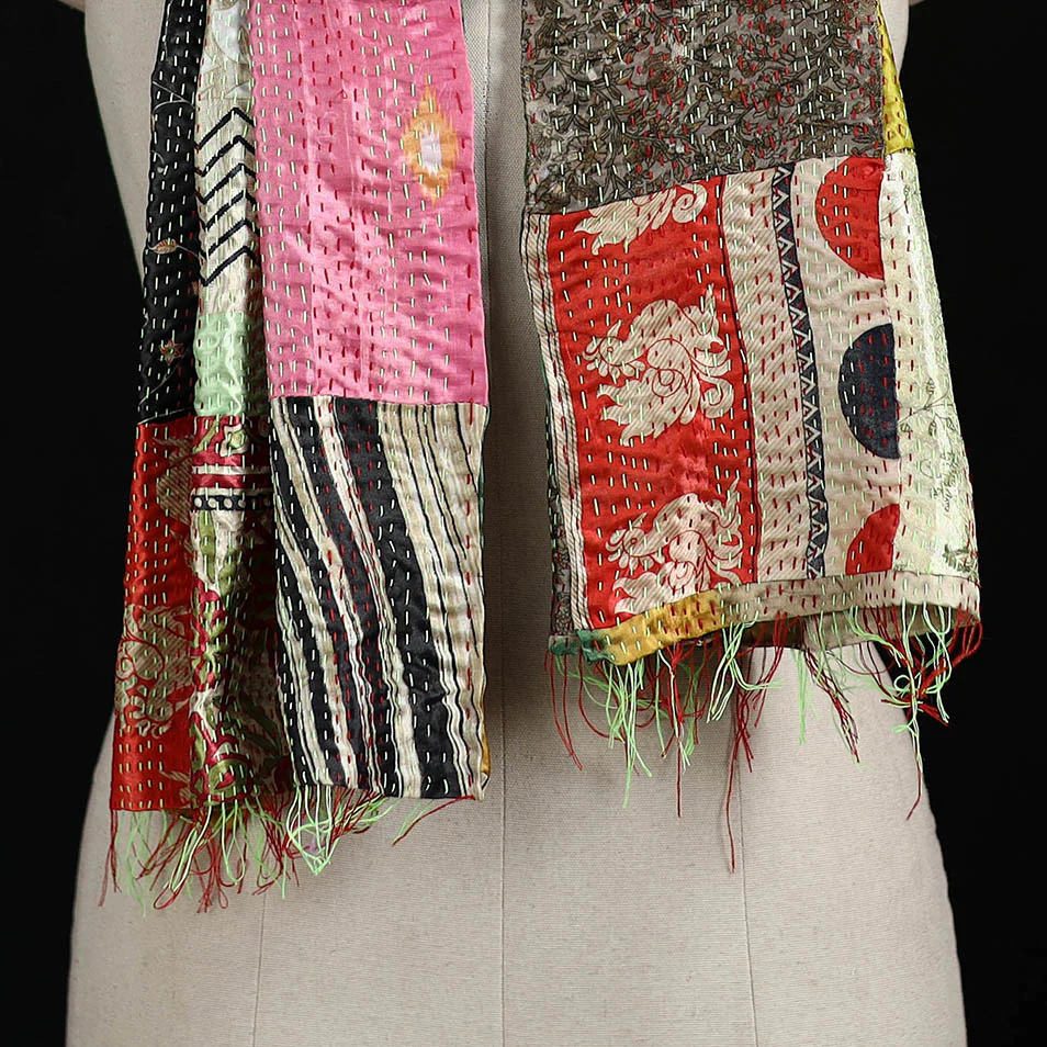 Bengal Kantha Handwork Patchwork Reversible Silk Stole 172 - Image 2