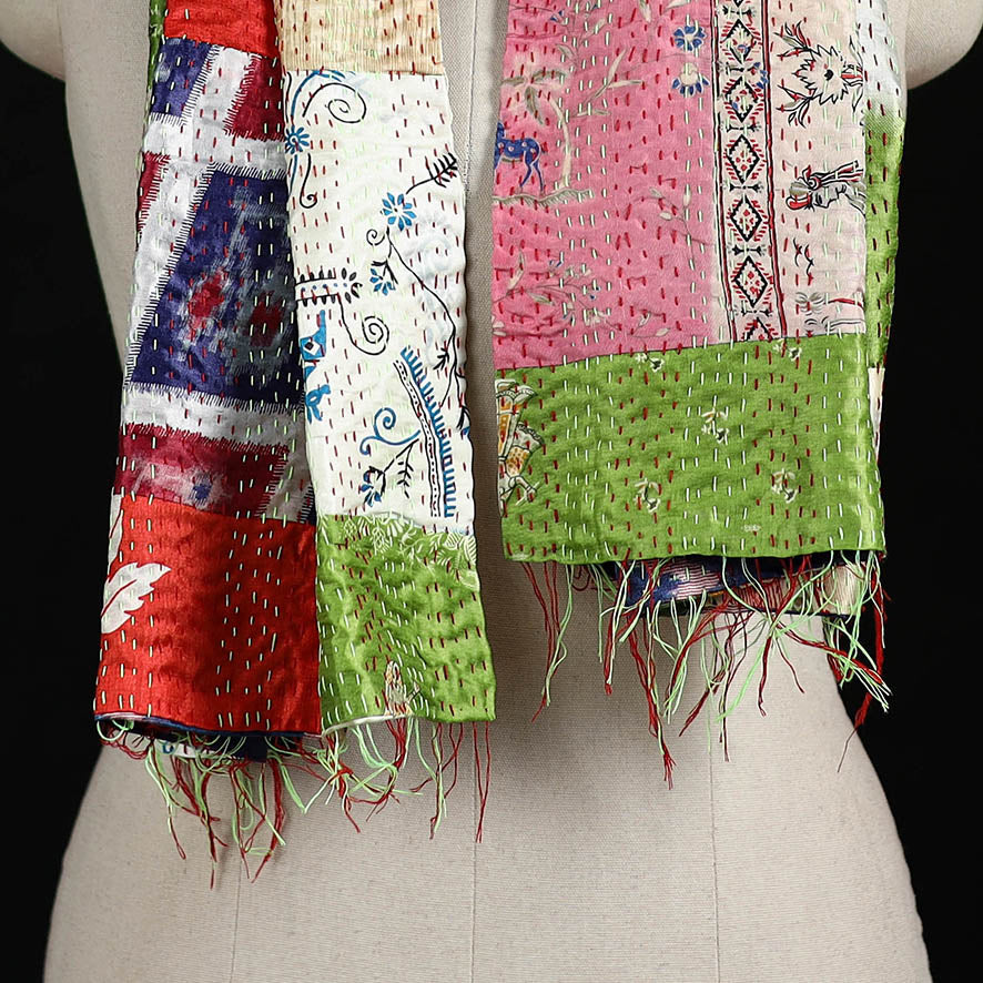 Bengal Kantha Handwork Patchwork Reversible Silk Stole 174 - Image 2